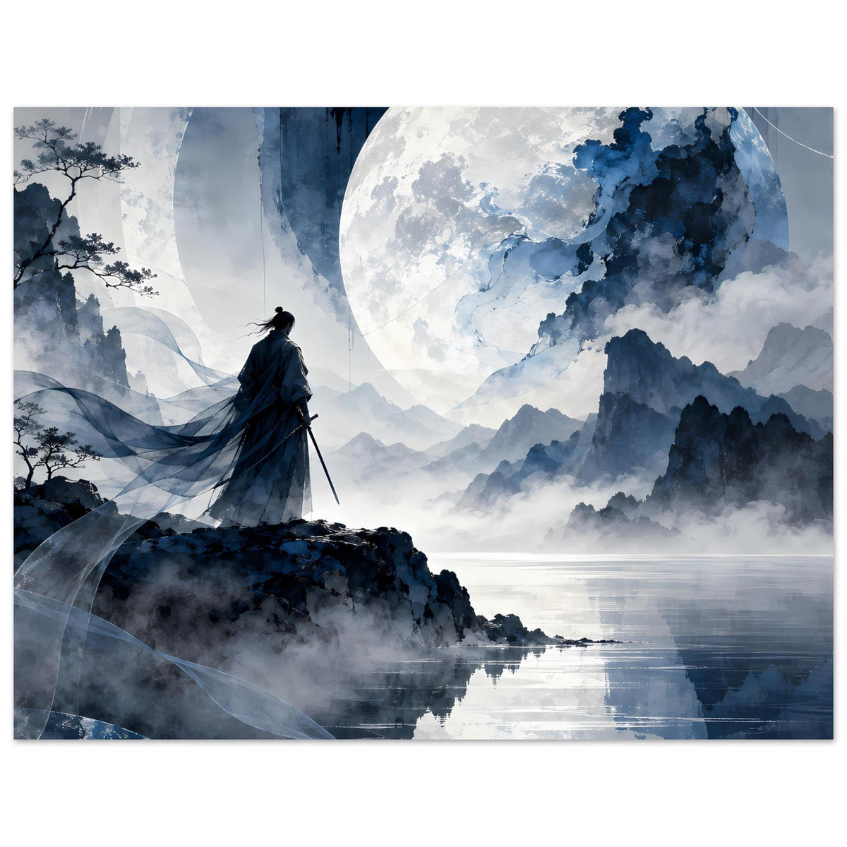 Matte Poster im Querformat: Samuraifigur vor Vollmond, neblige Berge und ruhiges Wasser.