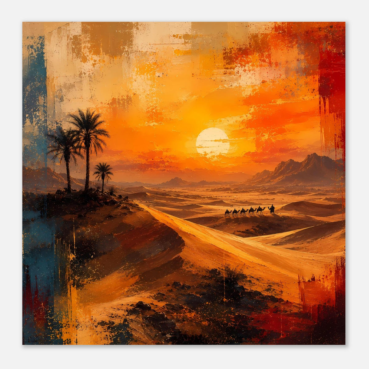 Wüstenposter mit Palmen, Karawane auf Sandpfad und großer Sonne im warmen Orange