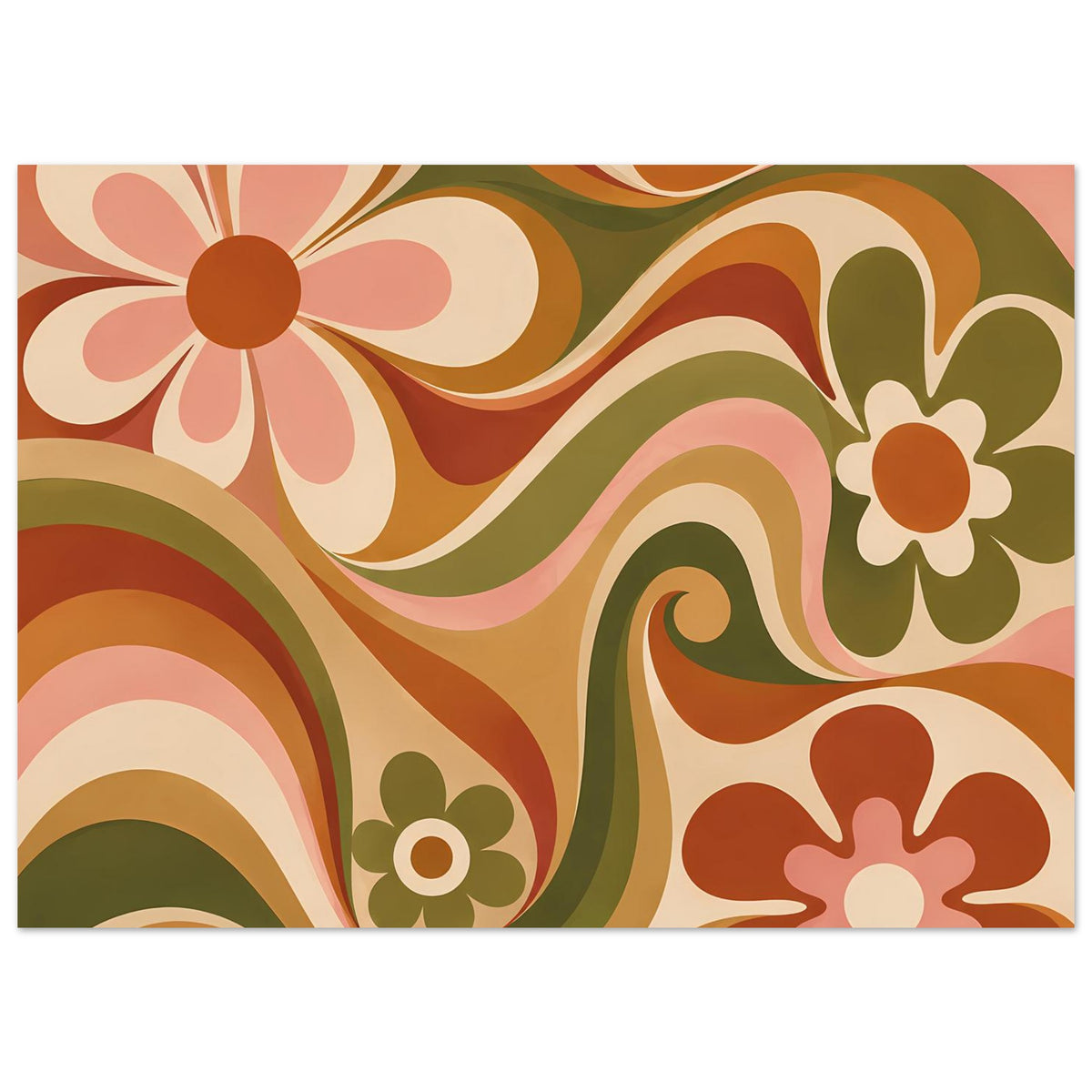 Florales Poster querformat mit großen Blüten, Olivgrün, Orange und beigen Wellen