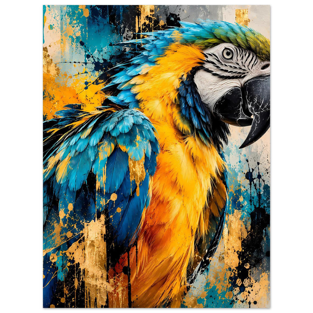 Parrot-Artposter im Hochformat, Papagei mit blauem Flügel und gelbem Gefieder
