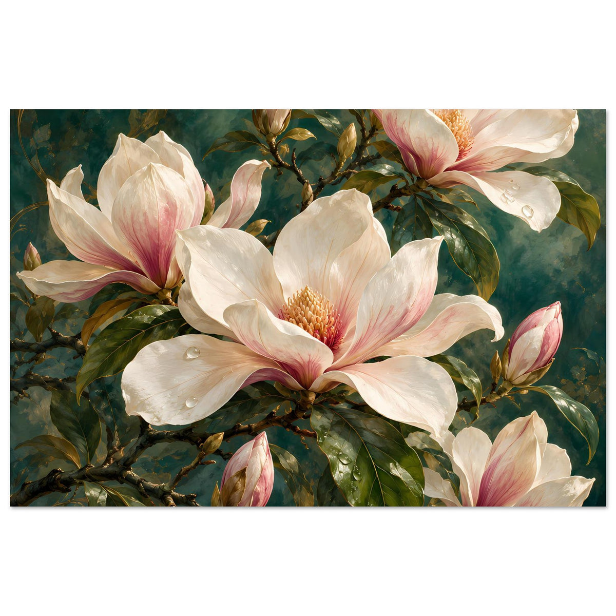 Magnolienblüten-Poster mit cremefarbenen Blüten und rosa Nuancen, dekorative Blütenzweige