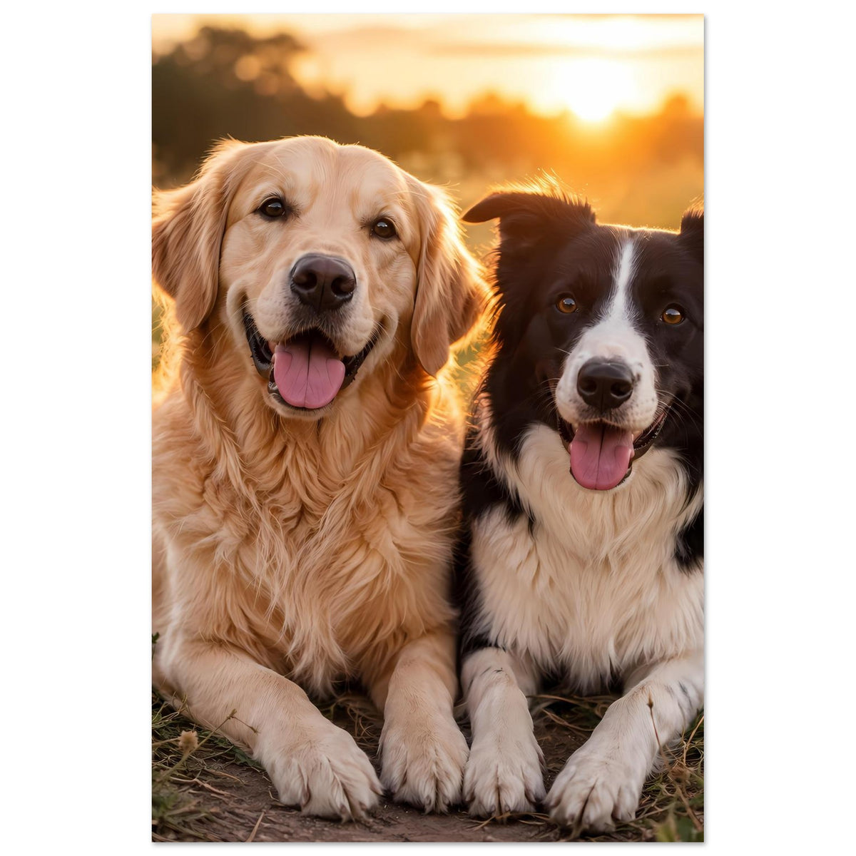 Poster (Hochformat) mit Hunde-Porträt: goldener Hund links, schwarzer Hund rechts