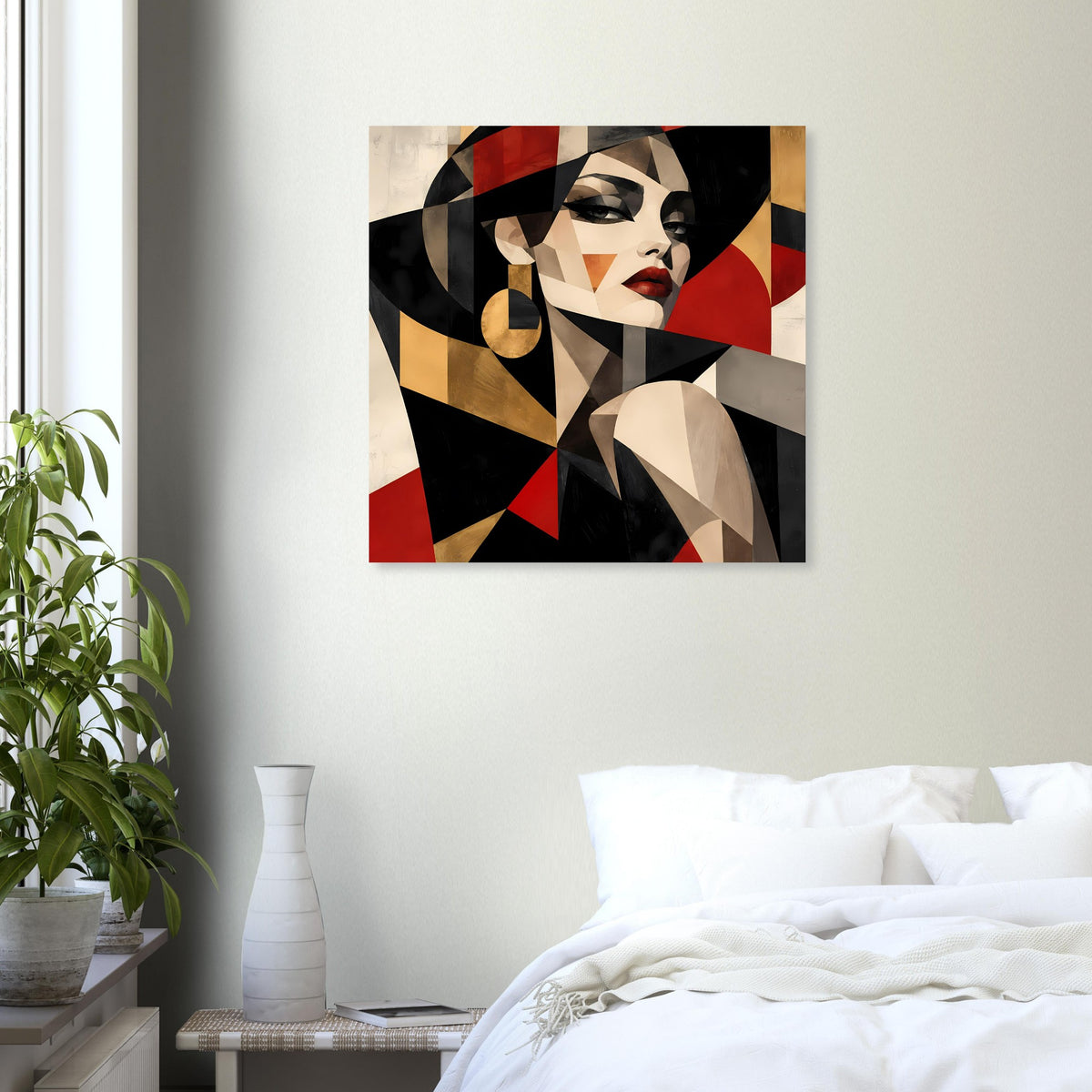 Kubistisches Frauenporträt auf Leinwand, quadratisch, geometrisch in Rot, Schwarz, Gold