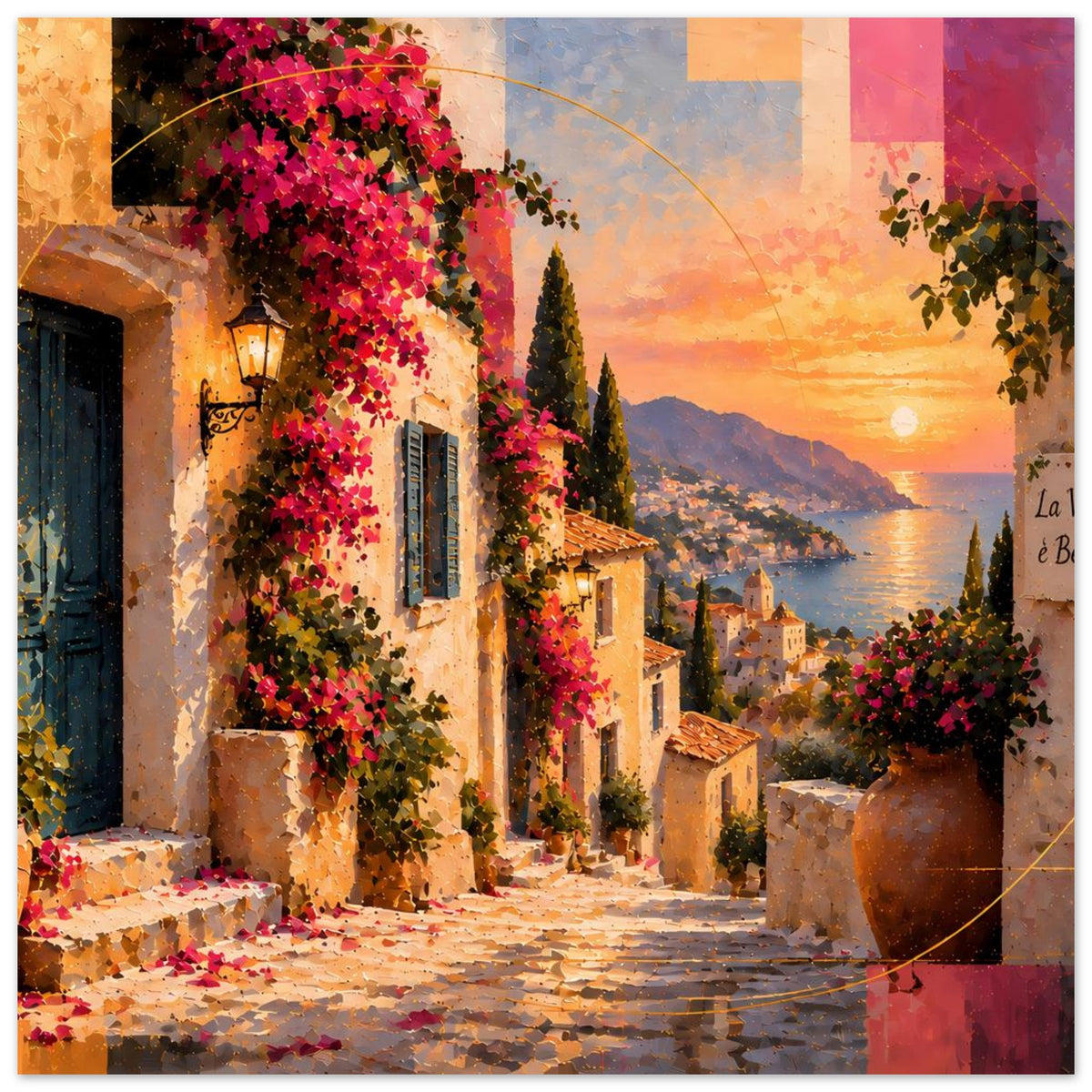 Gerahmtes Poster: mediterrane Gasse mit bunten Blüten, Zypressen und Sonne am Horizont