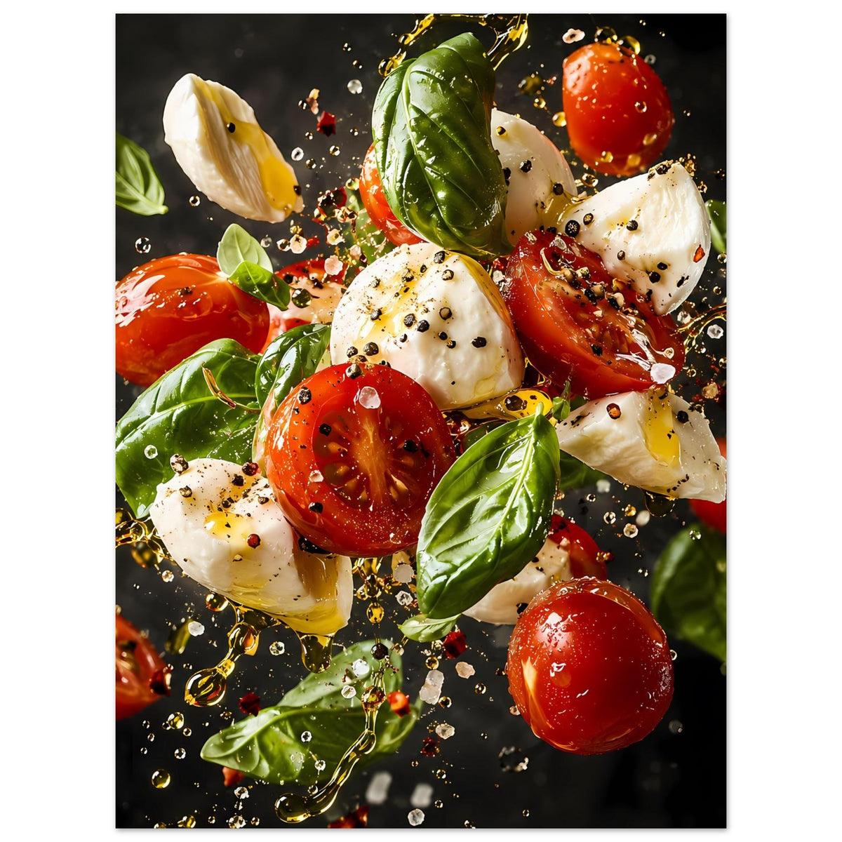 Caprese-Salat-Artposter im Hochformat: Tomaten, Mozzarella, Basilikum, Spritzer