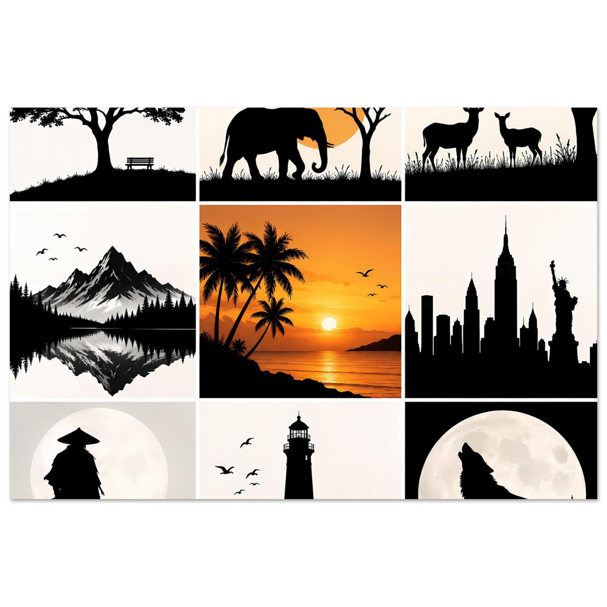 Kunstposter im Rasterdesign mit Elefant-, Wolf- und Hirsch-Silhouetten sowie Palmen-Szene