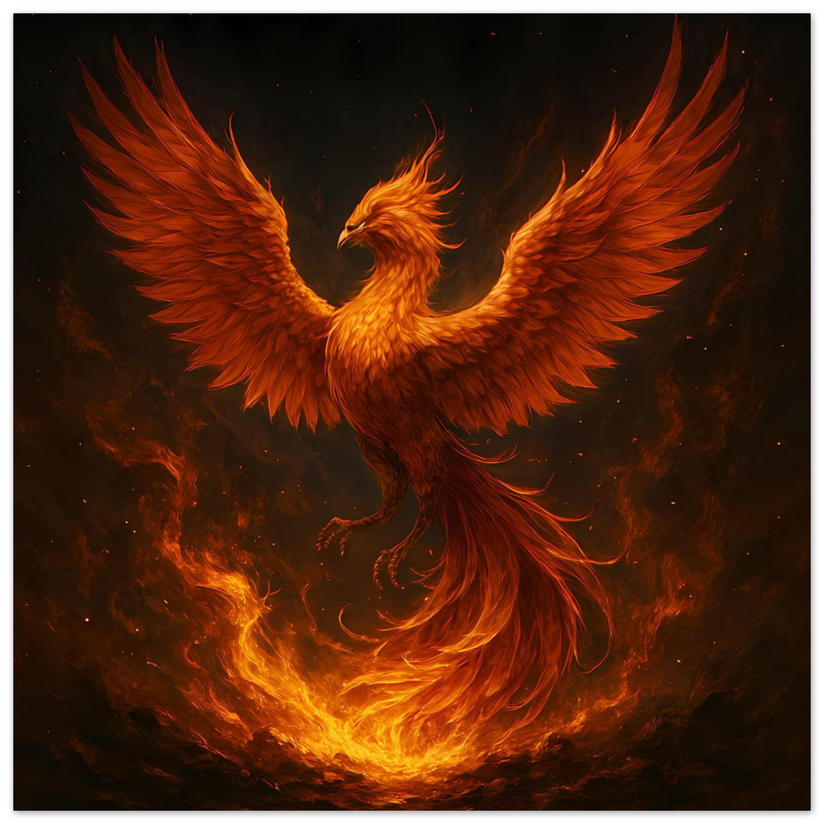 Poster im Hochformat mit feurigem Phönix, orange-gelbe Flügel und Flammenwirbel
