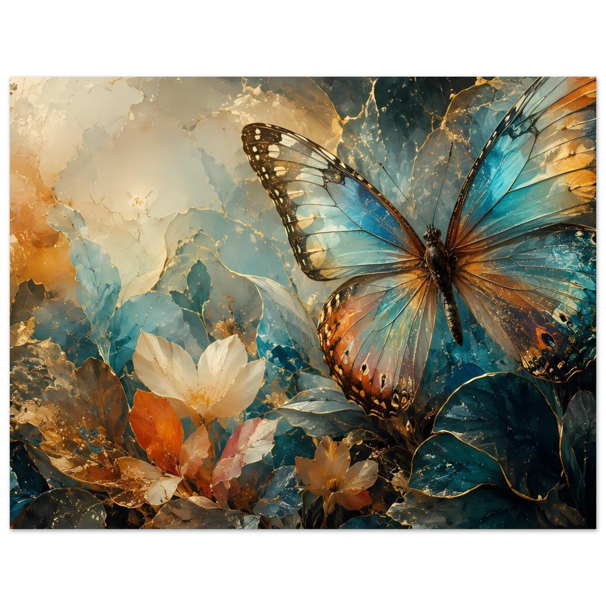 Horizontales Poster mit Schmetterling und weißen Blüten, türkis-blaue und goldene Akzente
