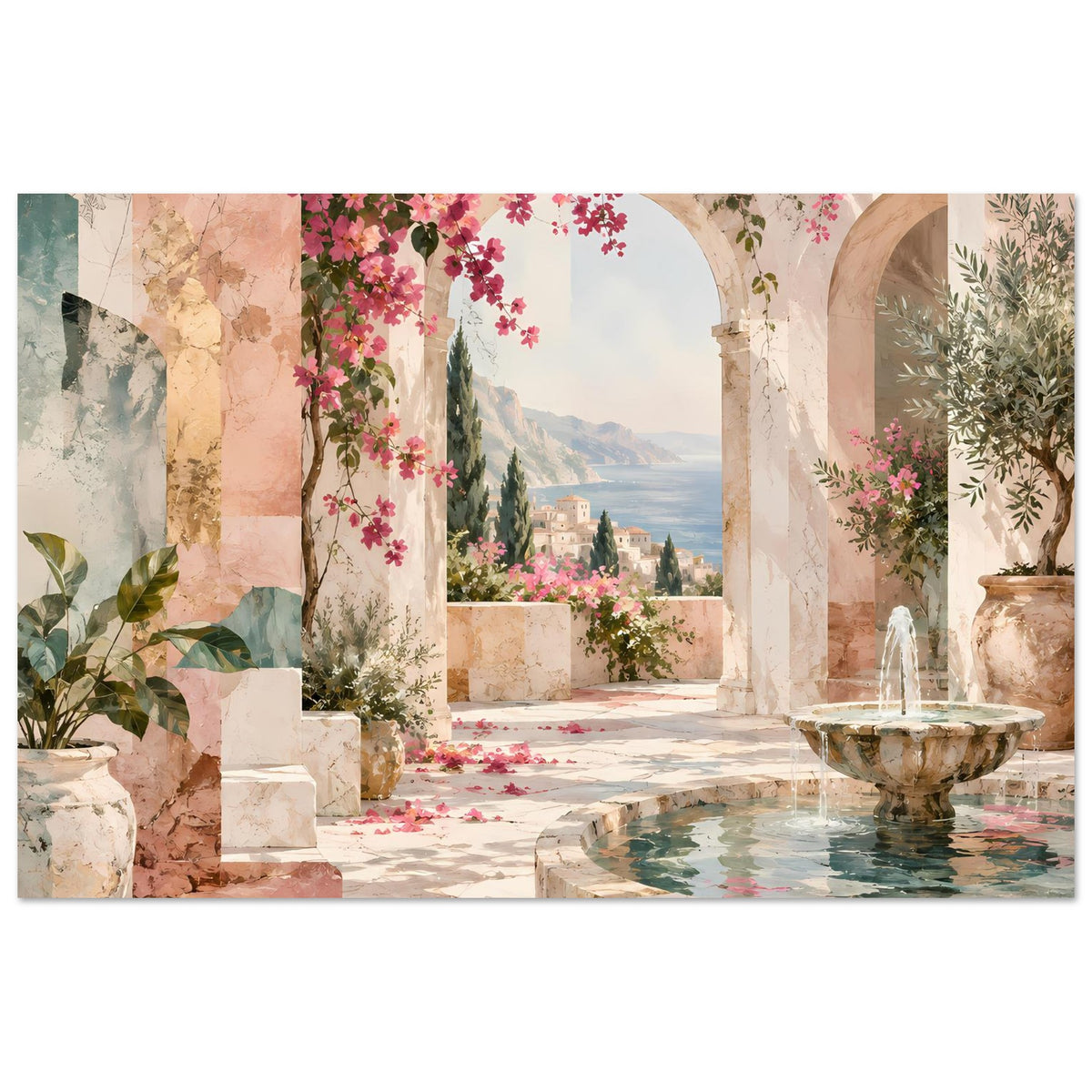 Kunstposter zeigt mediterrane Säulenarkaden, Brunnenfontäne und blühende Zweige