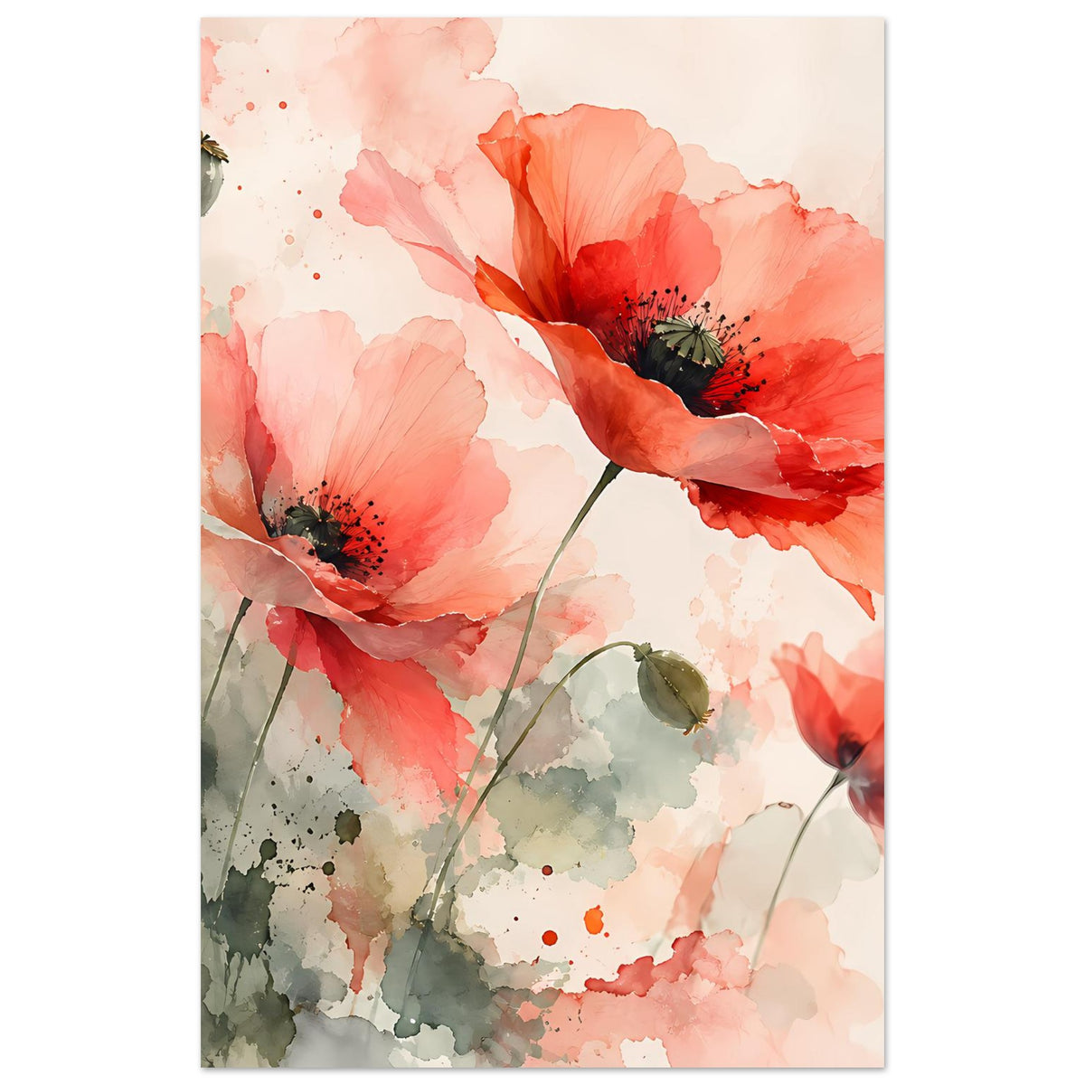 Vertikales Aquarell-Poster mit korallrosa Mohnblüten und grünen Knospen, gerahmt