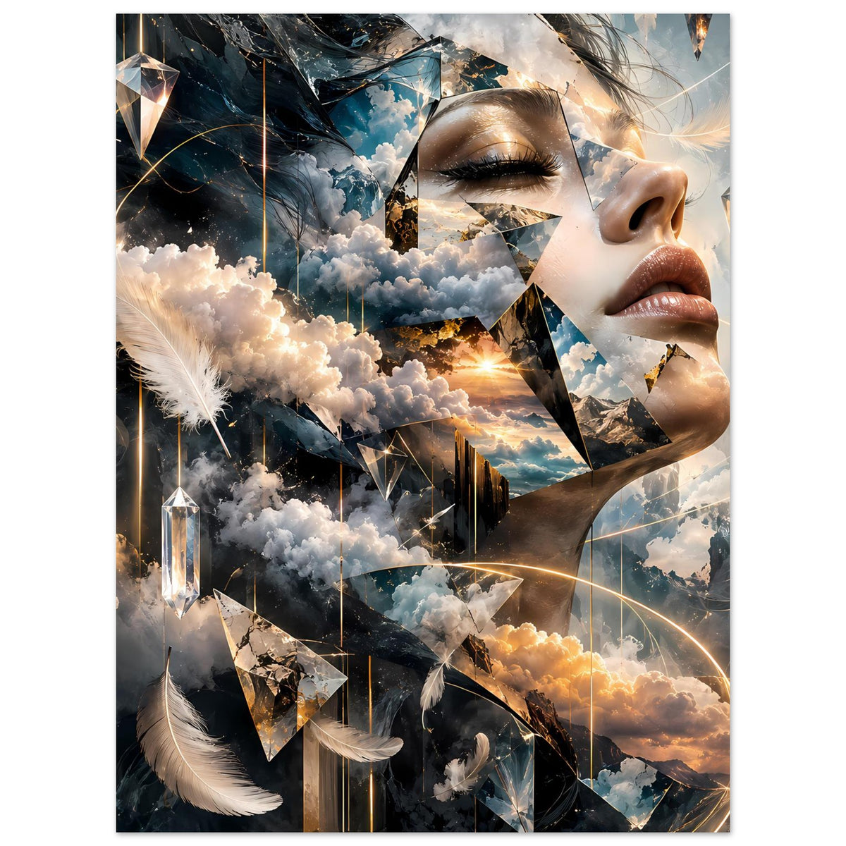 Surrealistisches Poster mit Frauenprofil und Himmelscollage aus Wolken und Lichtlinien