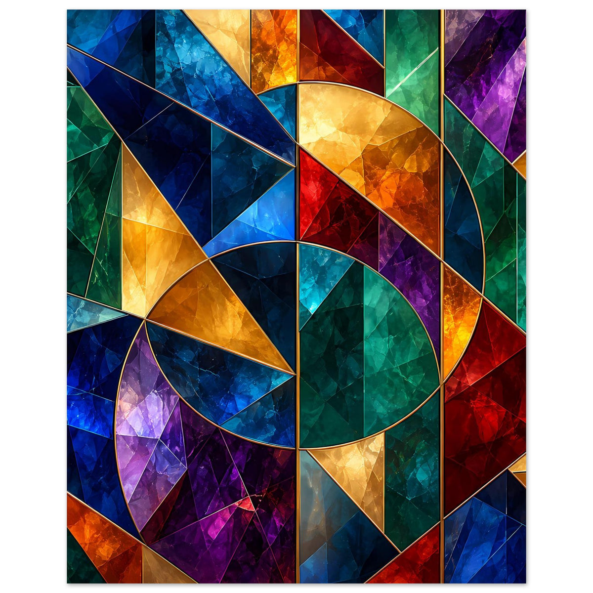 Geometrisches Buntglas-Poster (Hochformat) mit Dreiecken und großem Kreisfeld, blau bis rot.
