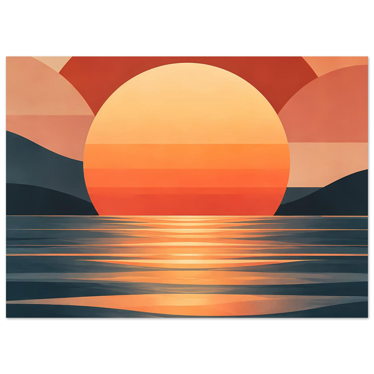 Kunstdruck/Poster mit ruhigem Ozean und Sonne, warmes Farbschema aus Gelb, Orange und Rot.