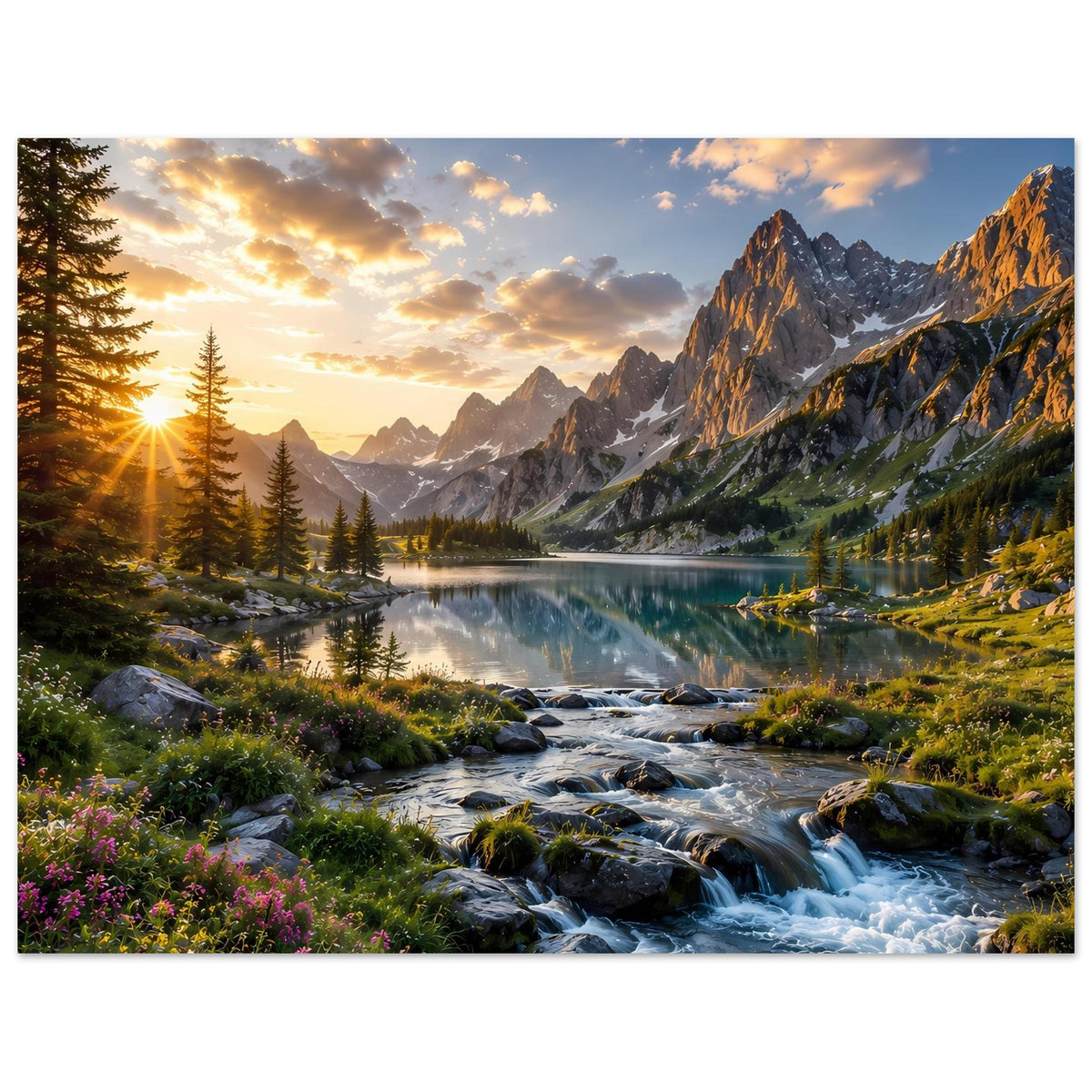 Querformat-Landschafts-Poster mit Bergsee, Felsbach und Sonnenaufgang