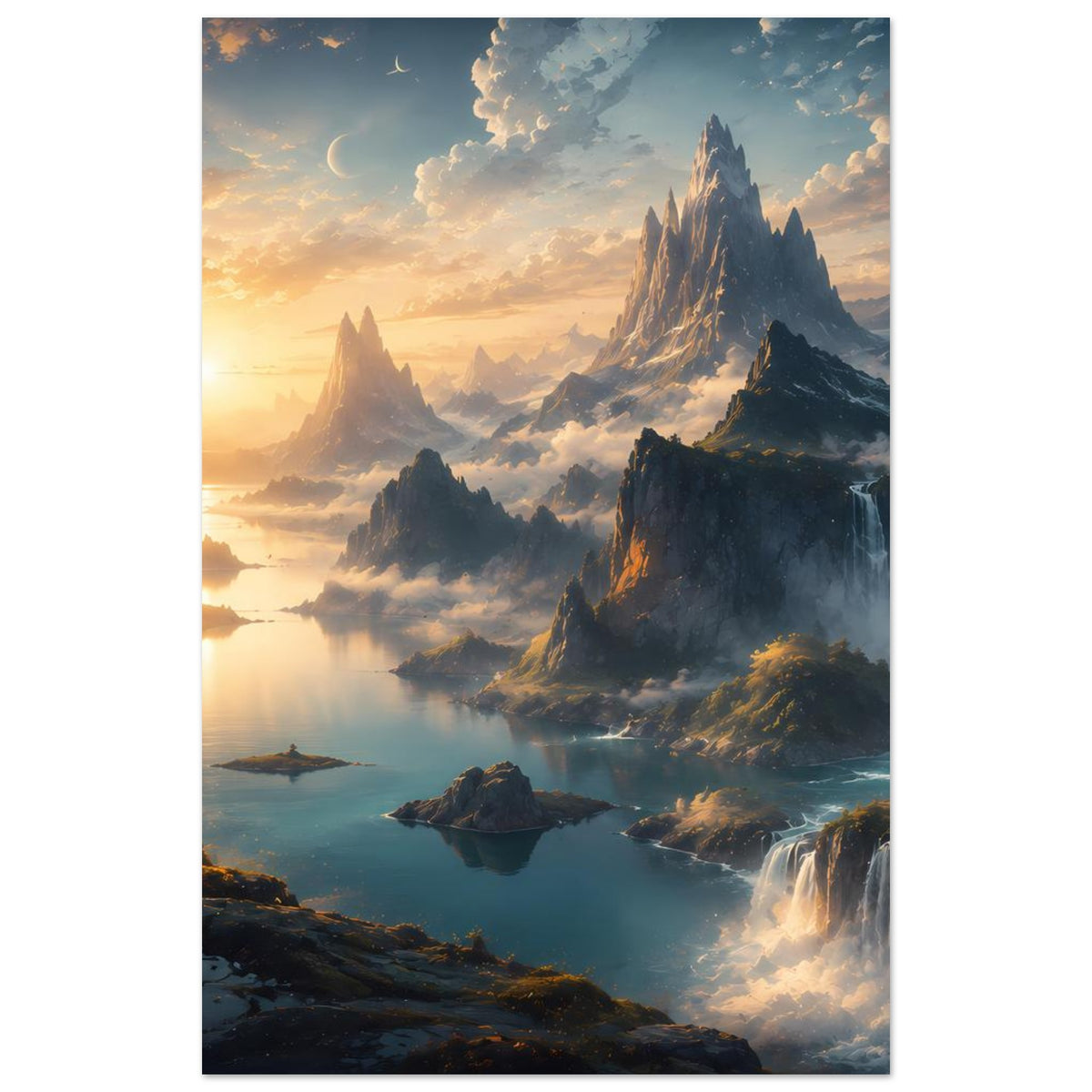 Vertikales Poster mit hohen Bergspitzen, Wasserfällen und weitläufiger Landschaft