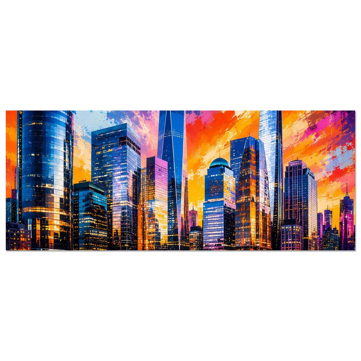 Horizontales Skyline-Poster mit Sonnenuntergangsfarben, leuchtende Hochhäuser und Reflexion im Wasser