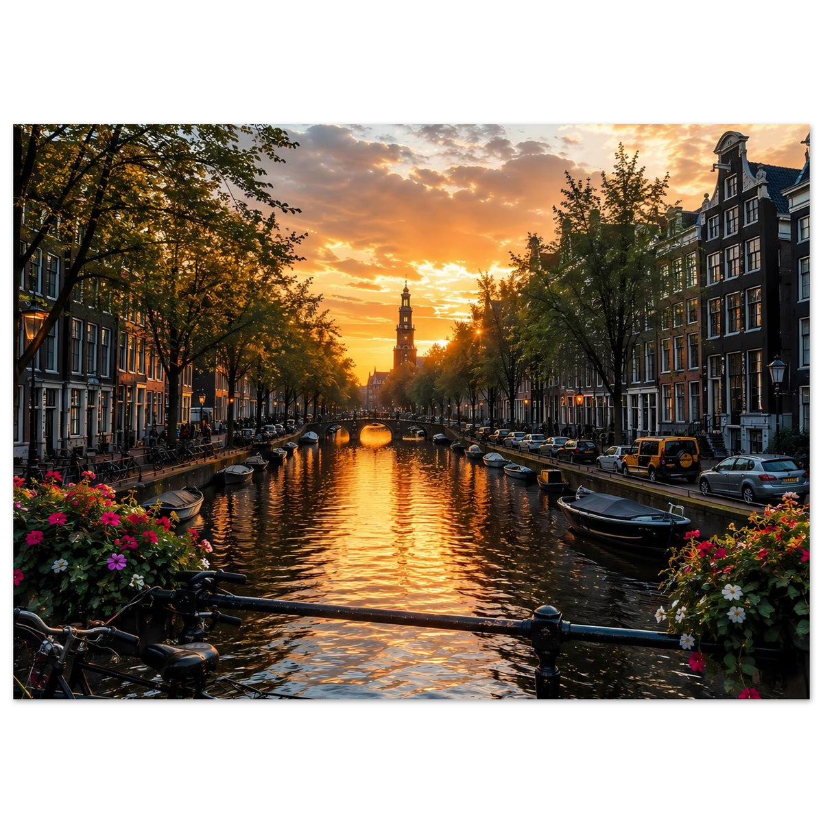 Poster im Querformat mit Amsterdamer Grachtenlandschaft bei Sonnenuntergang, Booten und Häusern.