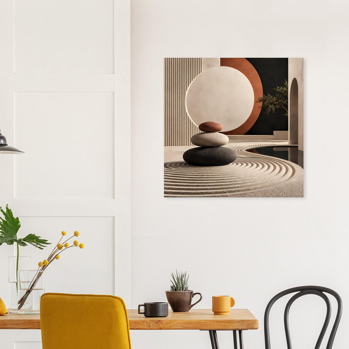 Kunstposter mit Kreis in Creme und Terrakotta, schwarzem Steinstapel und langen Wellenstreifen