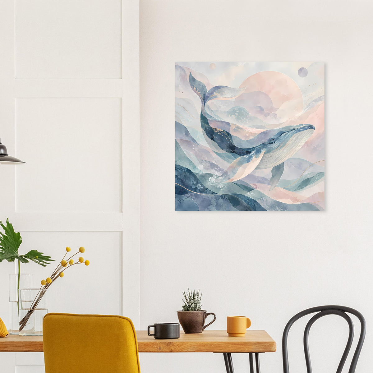 Quadratisches Kunstposter mit Wal-Szene, aquarellierte Wellen in Blau und Rosa