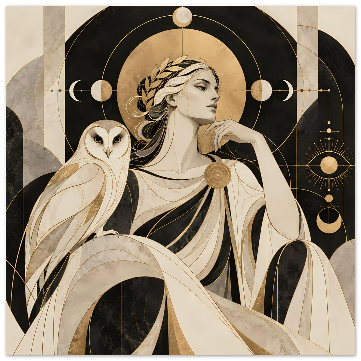Großes Hochformat-Kunstposter: Frau im Profil mit Eule, Federornamenten und Kreisen in Gold