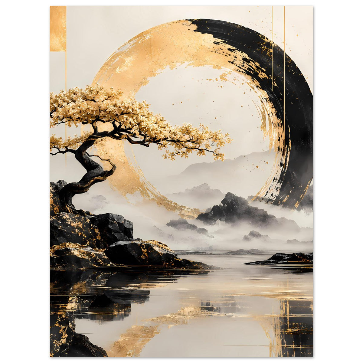 Hochformat-Poster mit Kreissymbol in Gold und Schwarz, Baumzweig, Felsen am Ufer