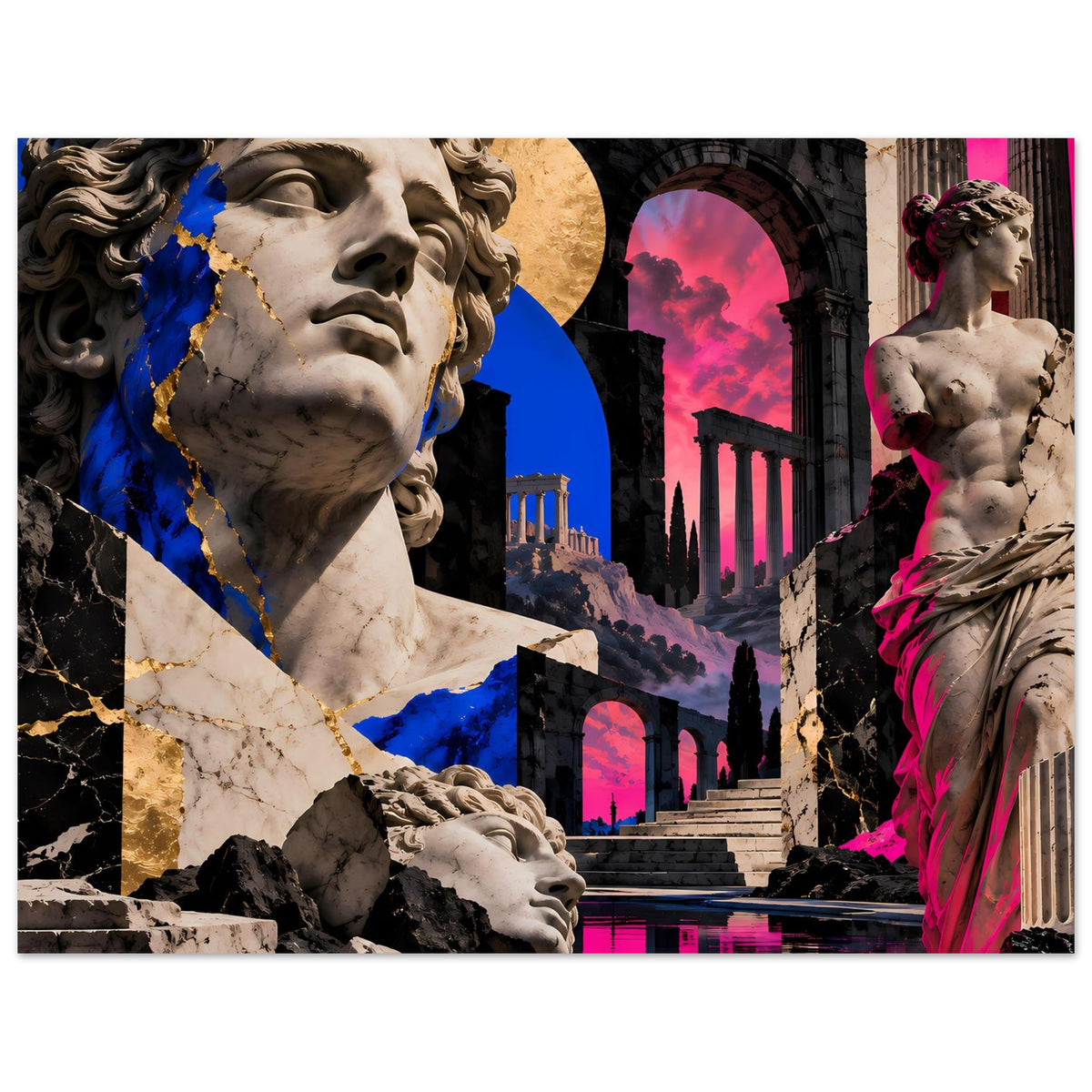 Kunstposter mit Marmorstatue links und ganzer Figur rechts, markante rosa und blaue Farbflächen.