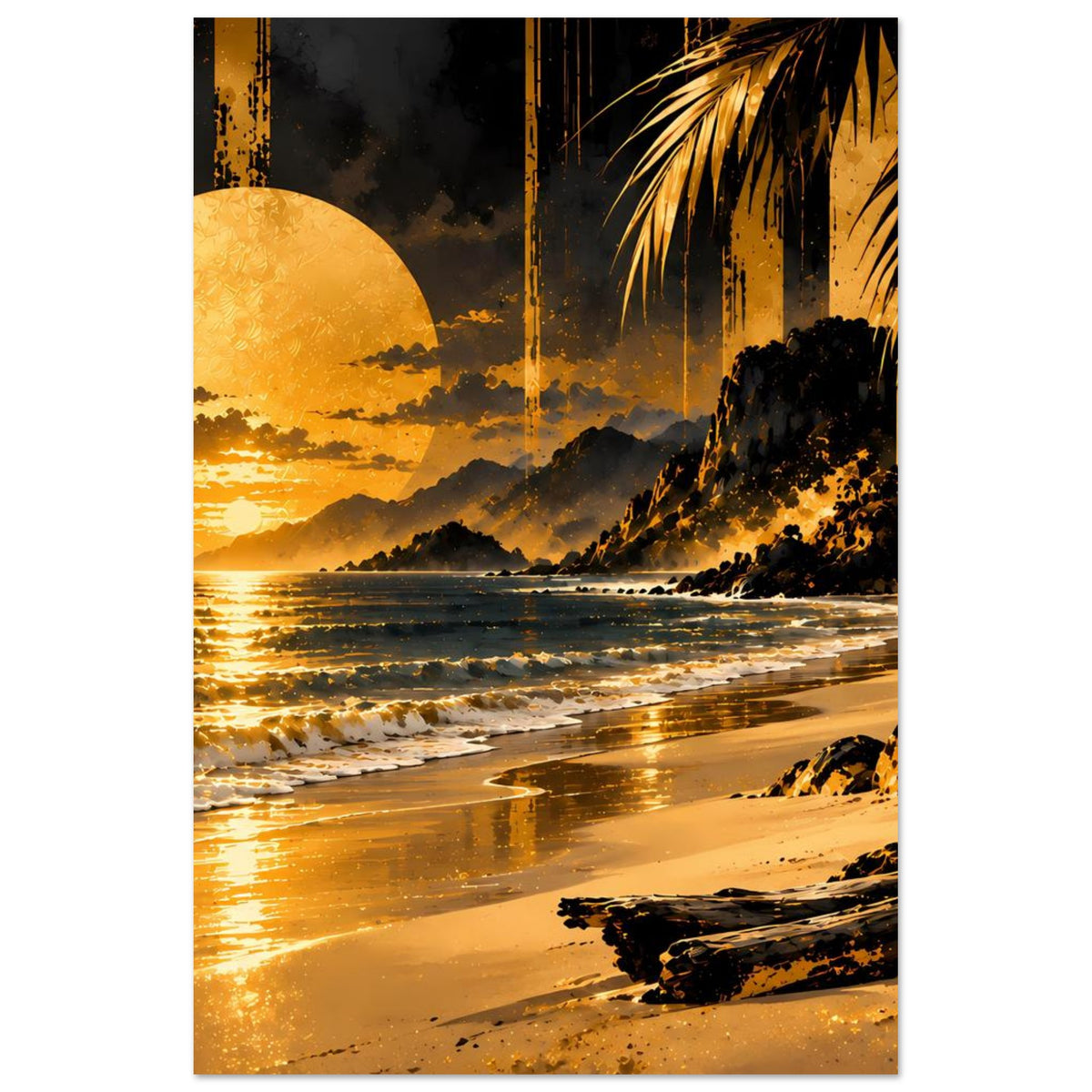 Hochformat-Poster mit goldener Sonnenuntergangsszene am Strand, Meer und Palmenblättern