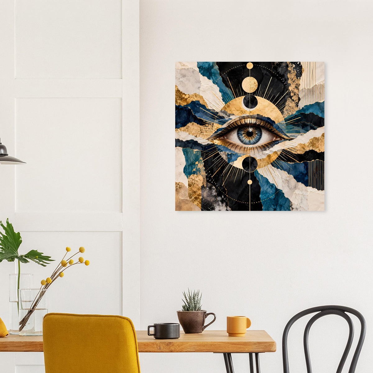 Wandposter mit Auge, türkisen Segmenten, goldfarbenem Halbkreis und schwarzen Punktelementen