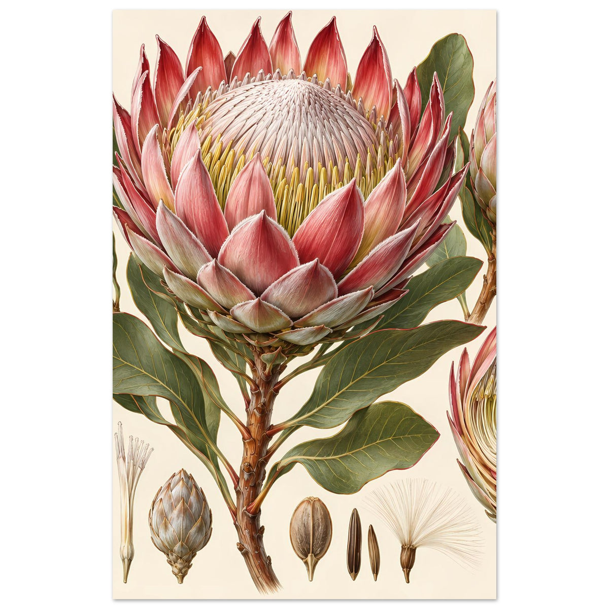 Poster mit Protea-Blütenmotiv: rot-rosa Blütenbüschel und grüne Blätter, auf mattem Papier