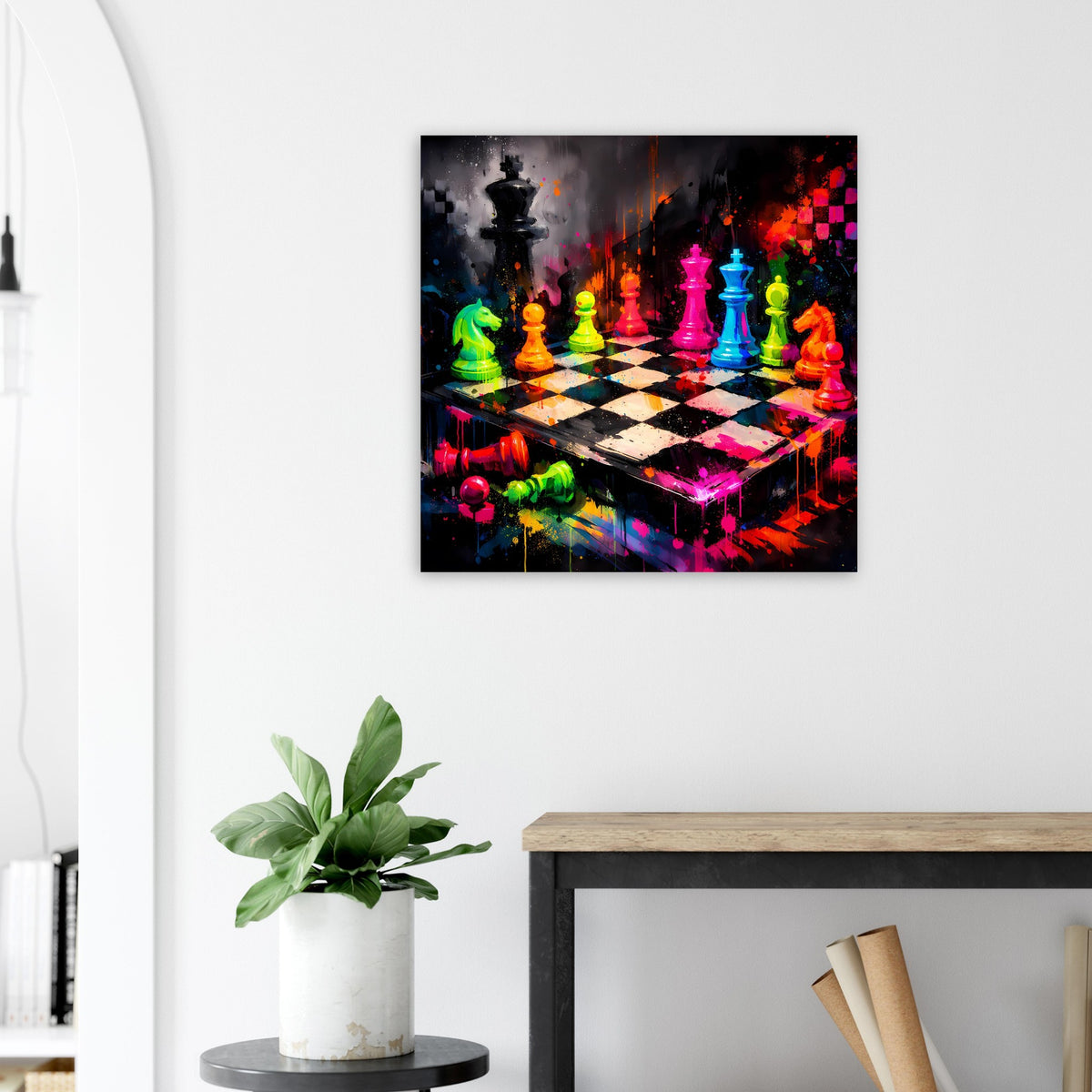 Neon-Schachposter im schwarzen Rahmen, mit bunten Figuren auf kontrastreichem Brett.