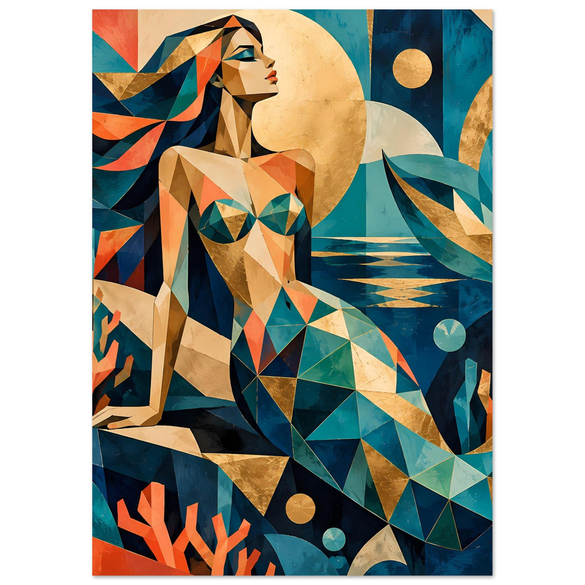 Geometrischer Meerjungfrauen-Kunstposter, Fokus auf Oberkörper und Flossen in Teal & Koralle