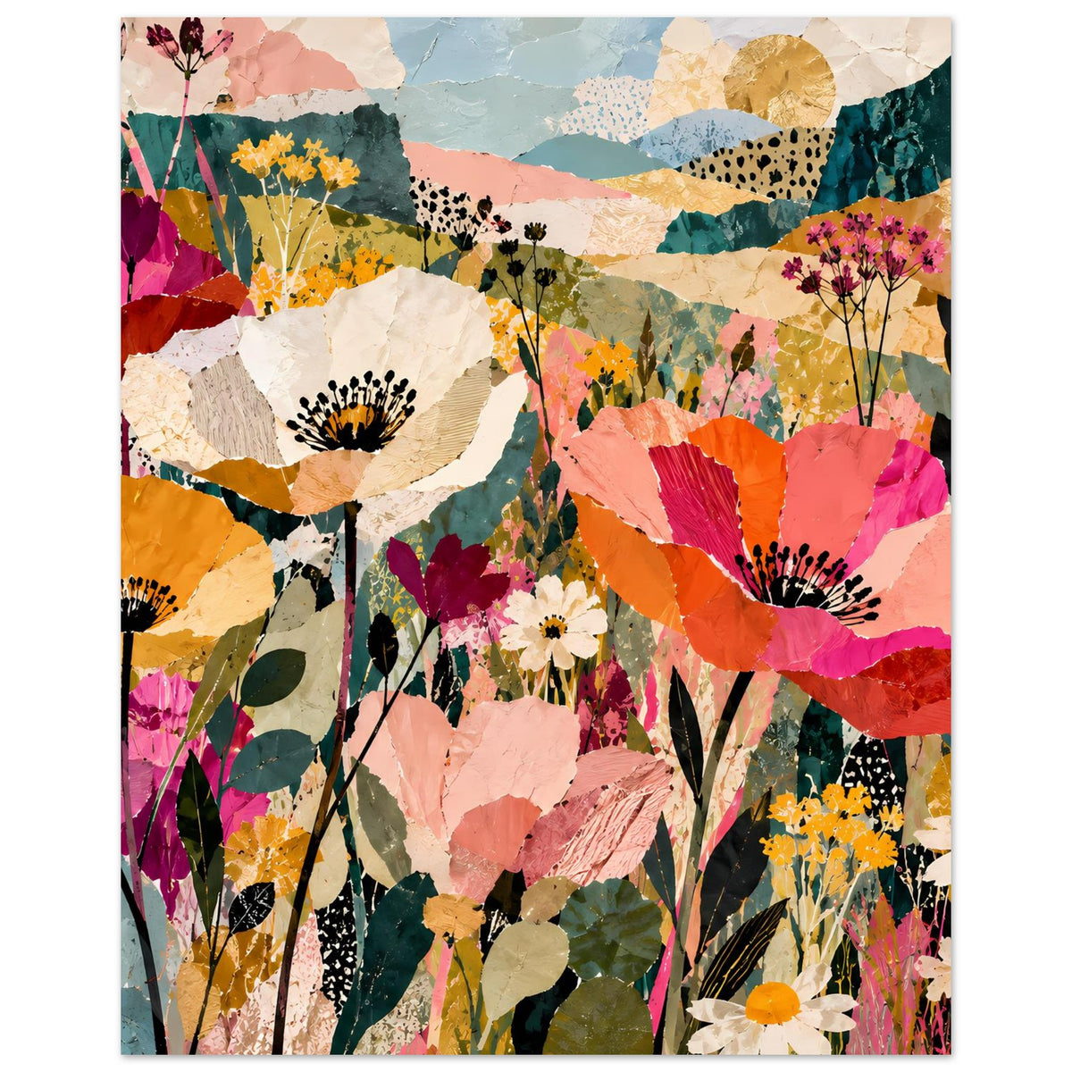 Blumen-Collage-Poster mit abstrakten Blumen und Blättern in Pastell- und kräftigen Farben