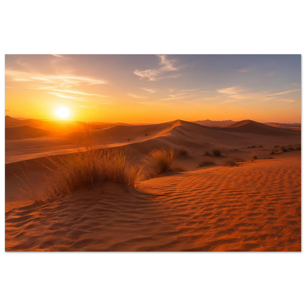 Poster mit Sanddünen im Sonnenuntergang, orangefarbene Lichtstimmung und Dünenkämme