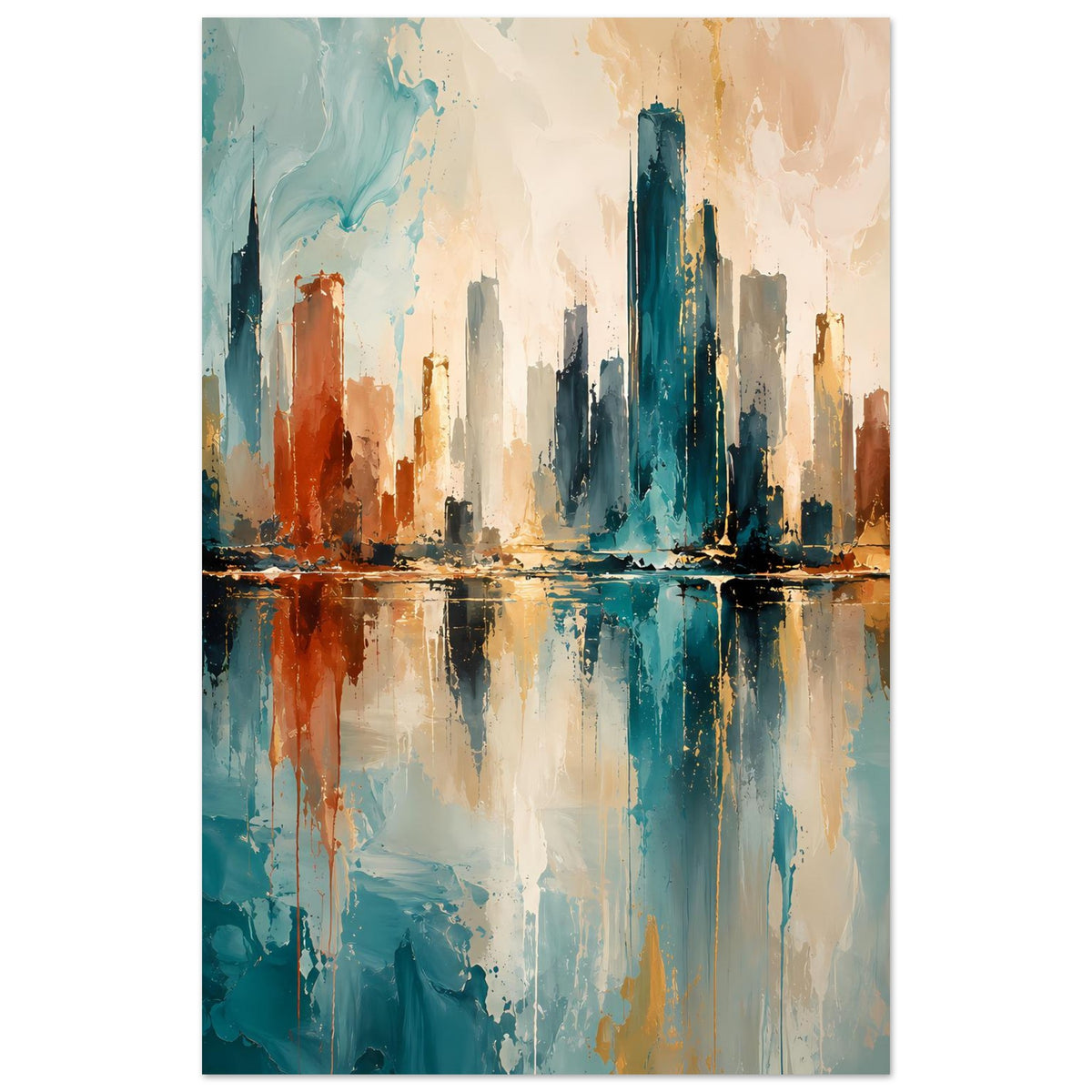 Abstraktes Skyline-Poster (Hochformat) mit Stadt-Silhouetten in Blau, Gold und Rost
