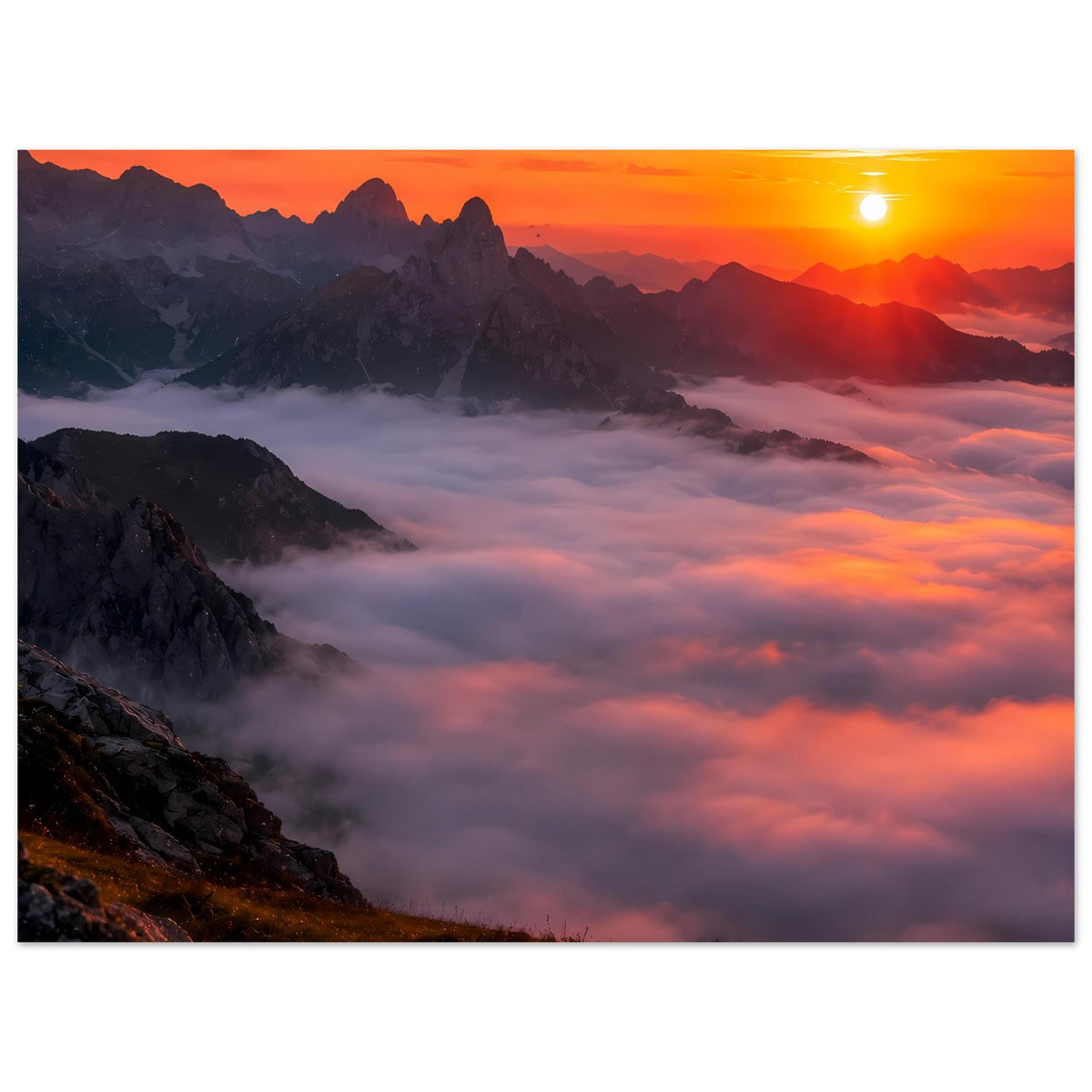 Berglandschafts-Poster mit Sonnenuntergang, Sonne rechts oben und Nebel zwischen Tälern