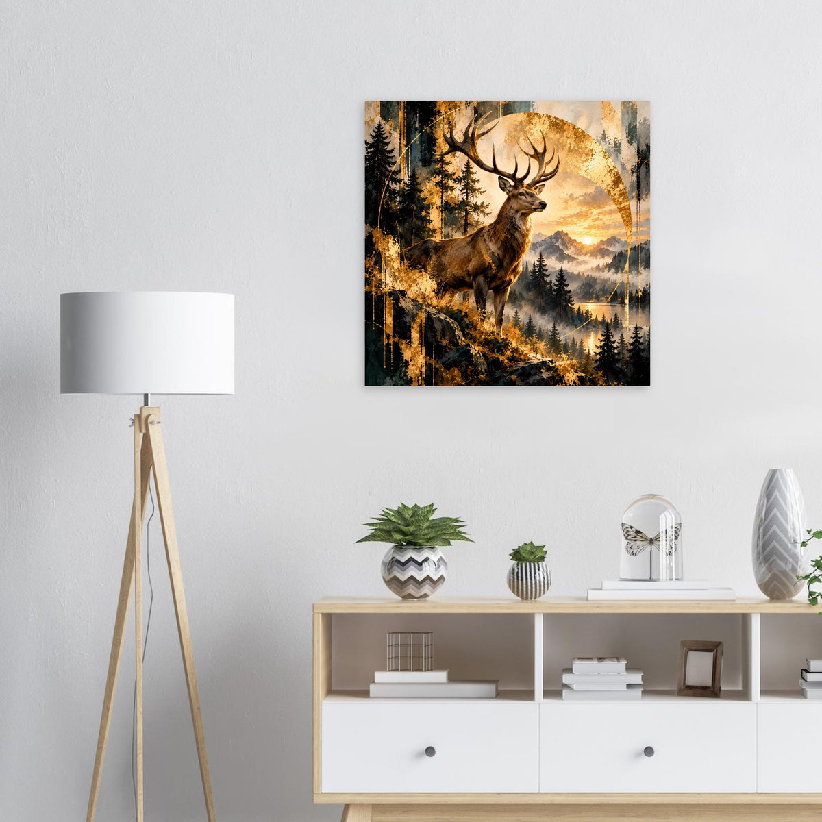 Poster mit Hirsch im Wald vor goldenem Sonnenuntergang, quadratisch