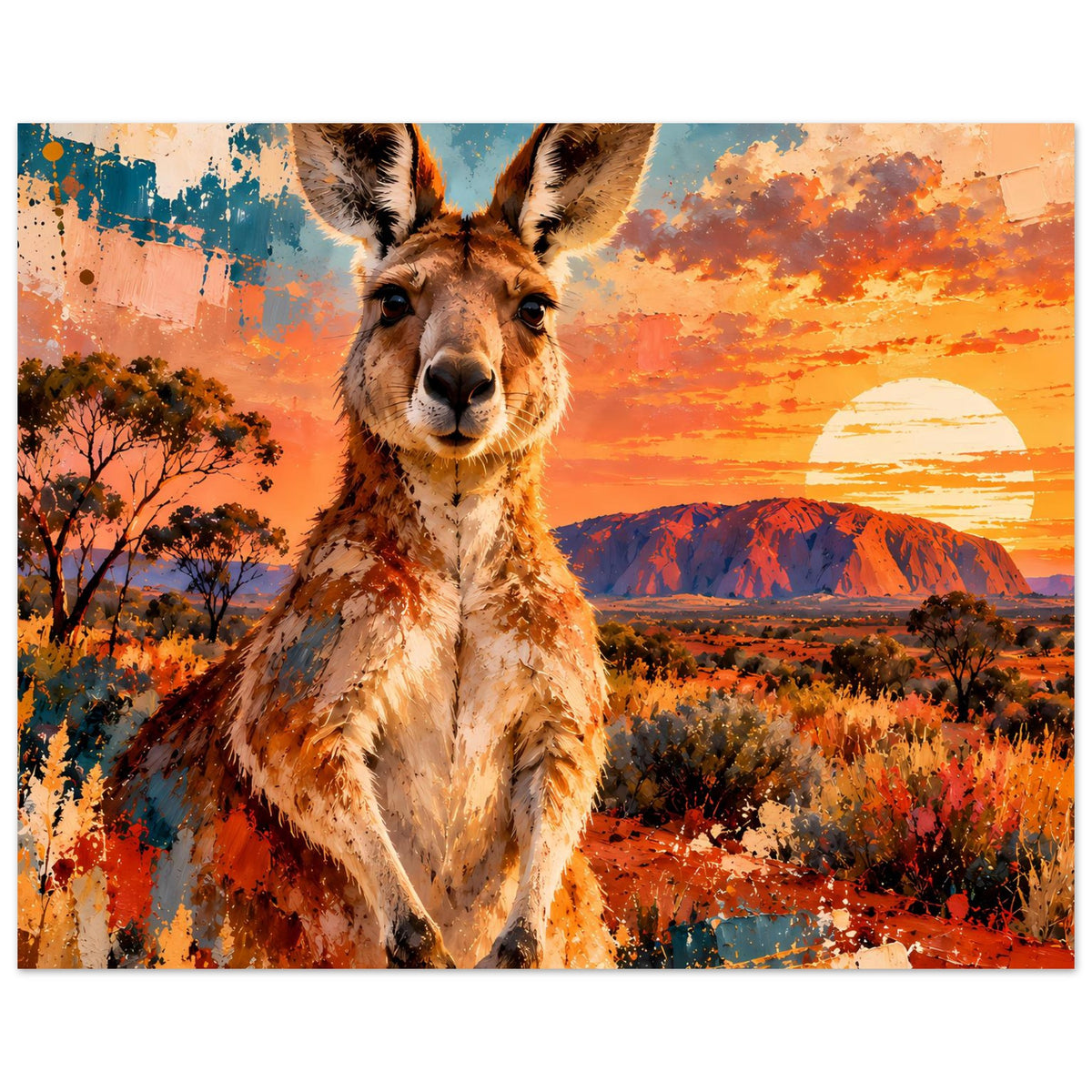 Horizontales Poster mit Känguru vor warmem Sonnenuntergang am Outback