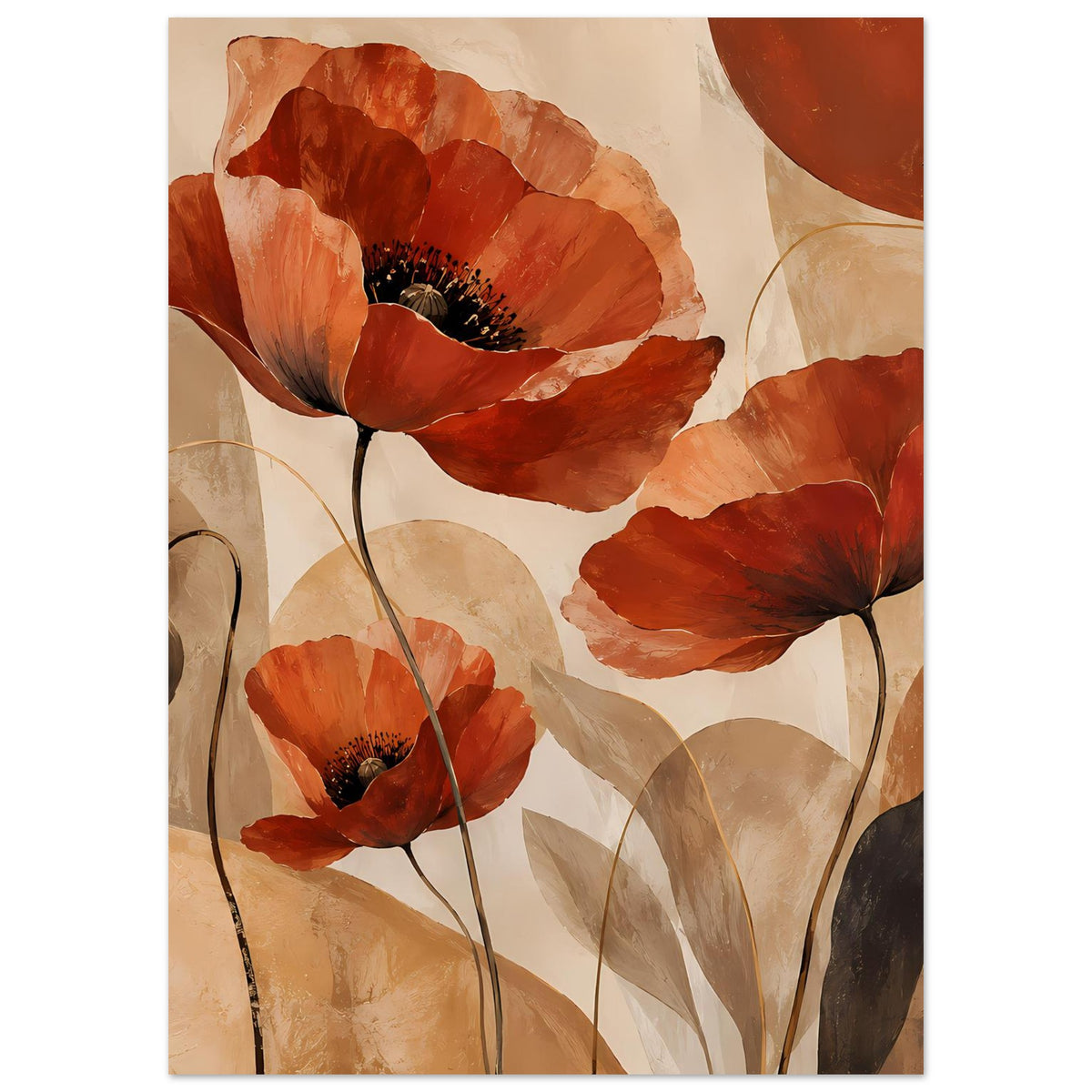 Botanisches Poster mit roten Mohnblumen und gebogenen Stielen; mehrere Blüten im Hochformat