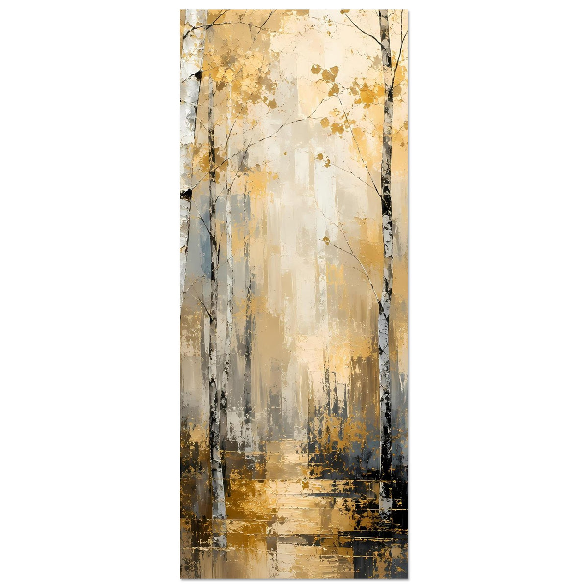 Hochformat-Poster Birkenwald, weiße Baumstämme, goldene Pinselspuren und dunkle Akzentstreifen