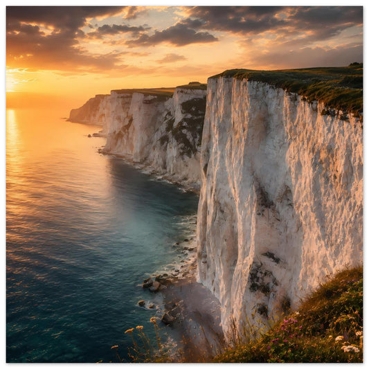 Poster mit Sonnenuntergang über weißen Küstenklippen und ruhigem Meer