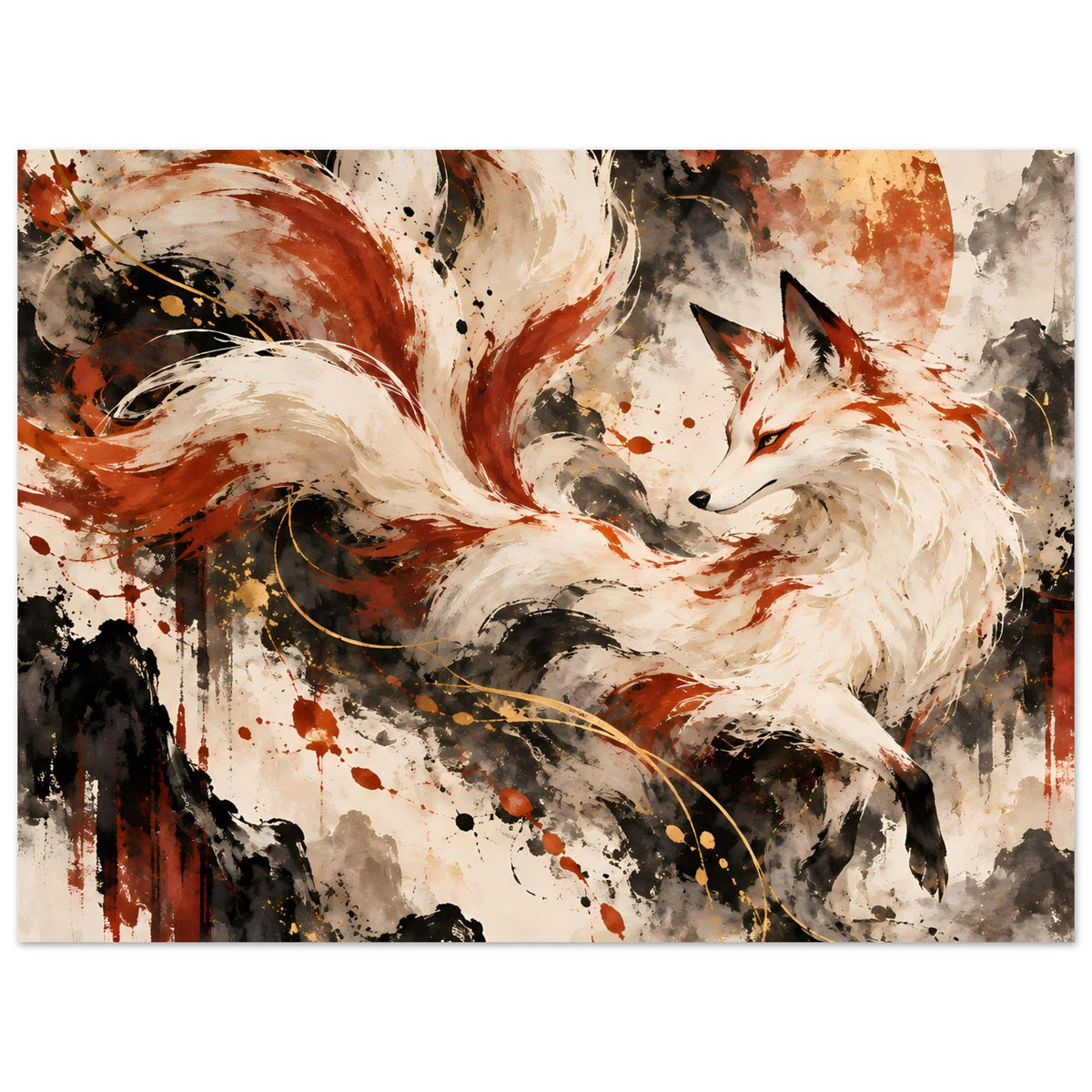 Fantasy-Poster in Querformat: Fuchs mit weißem Fell, rote Wirbel und dunkle Spritzer