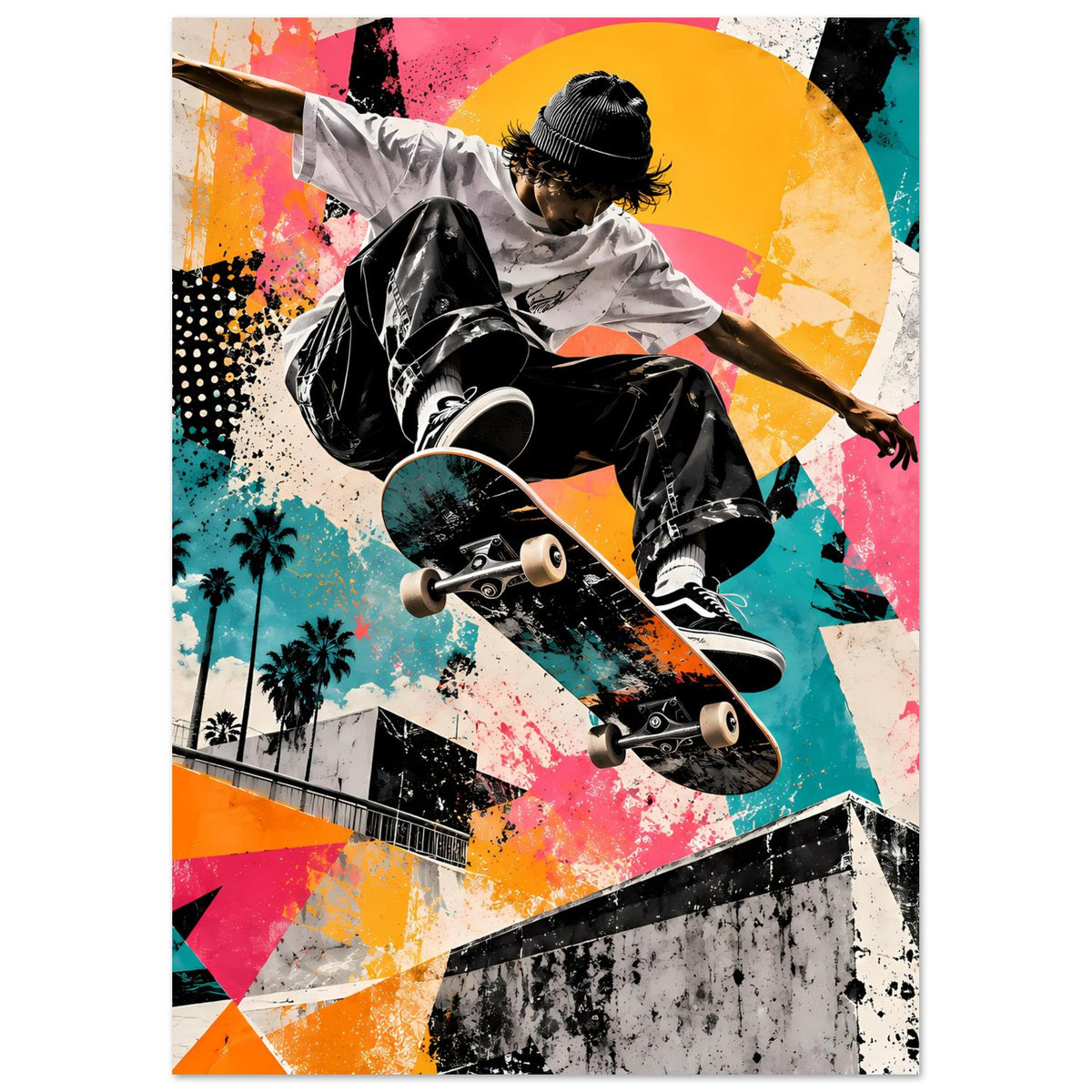 Street-Art-Poster mit Skateboarder in Bewegung, schwarz-weiß, Farbflächen in Neonoptik.