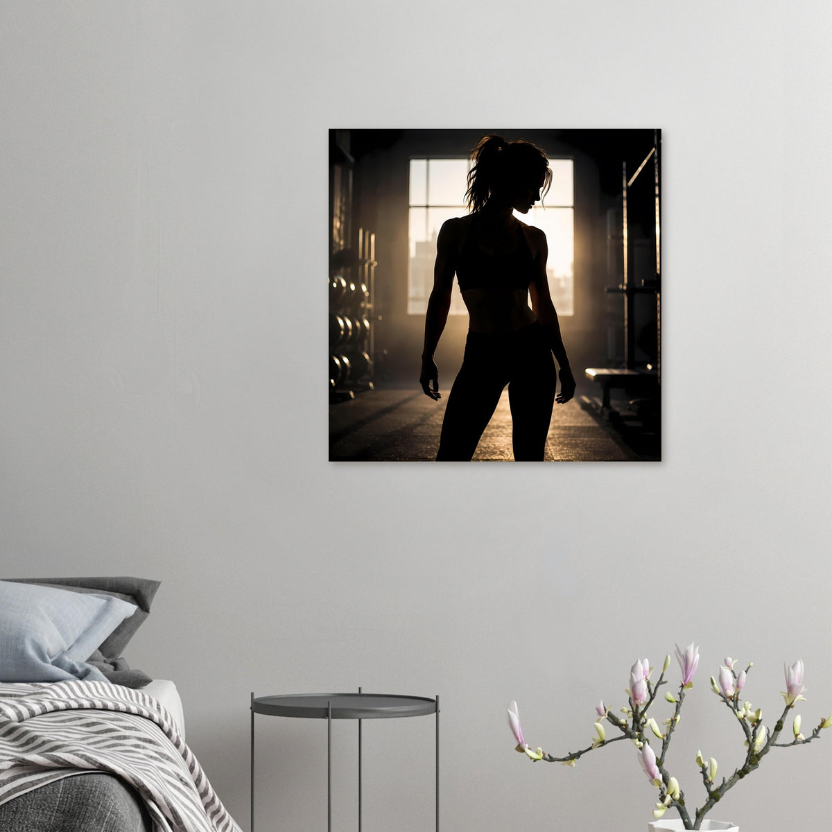 Fitness-Poster mit Silhouette einer Sportlerin in dunkler Trainingskleidung, Rückenansicht