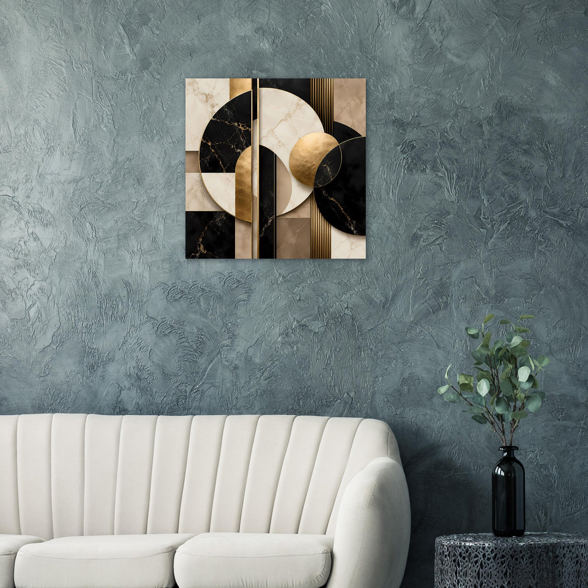 Wandposter mit geometrischen Marmorzonen, goldfarbenen Streifen und schwarzen Kreiselementen.
