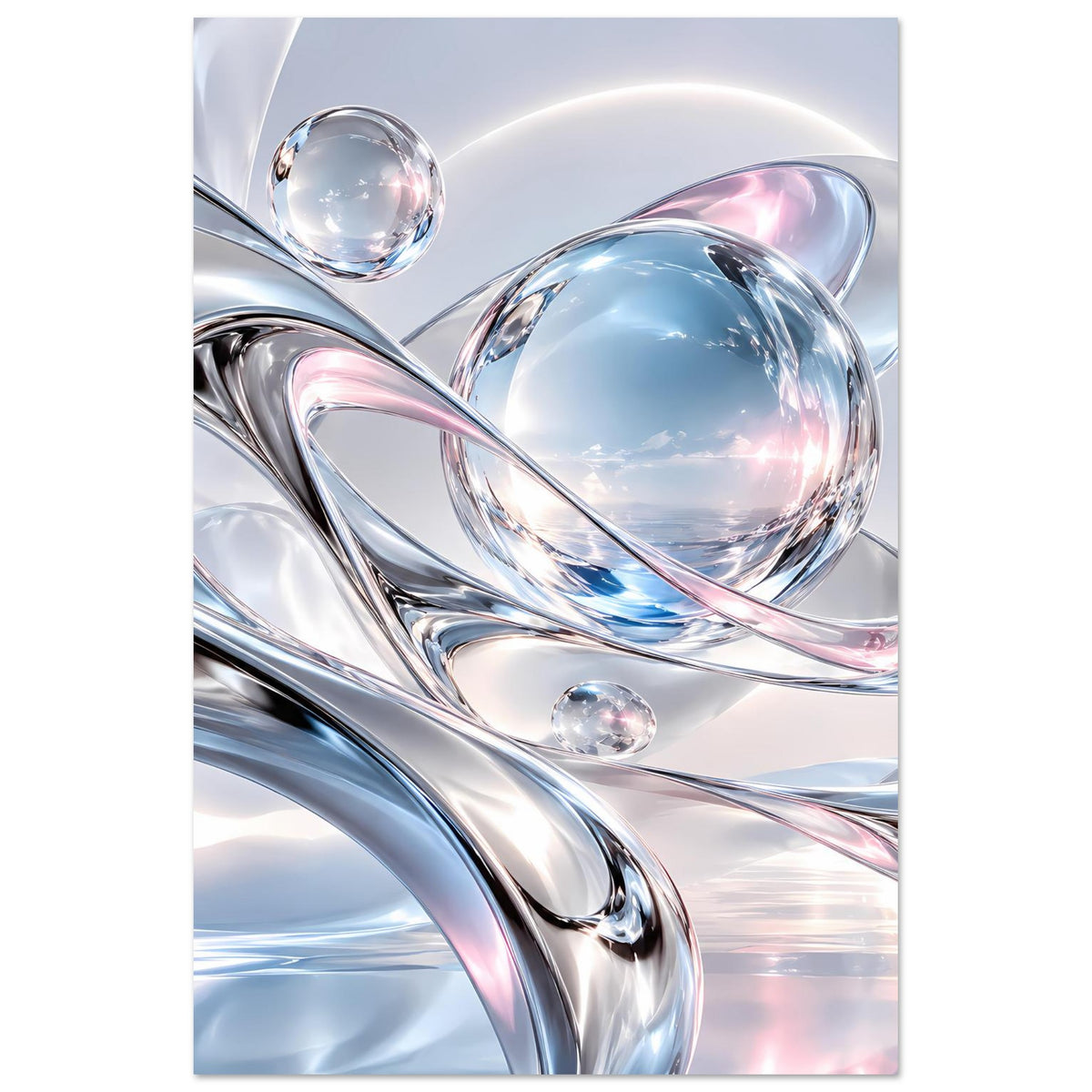 Abstraktes Kunstposter mit silbernen Metallwirbeln, Kugeln in Blau und Rosa