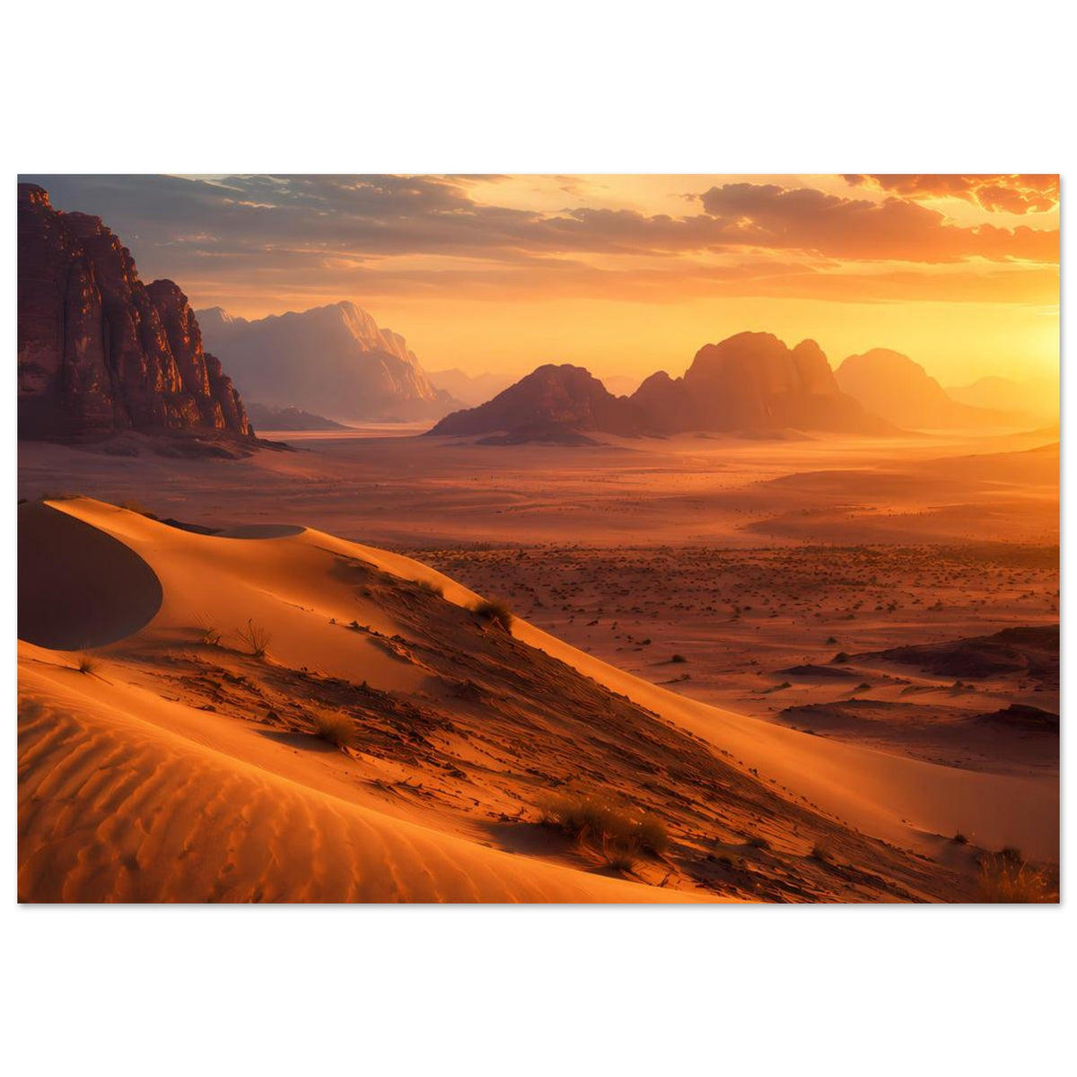 Horizontales Poster mit Wüstenlandschaft: orange Dünen, Felsberge und ruhiges Tal