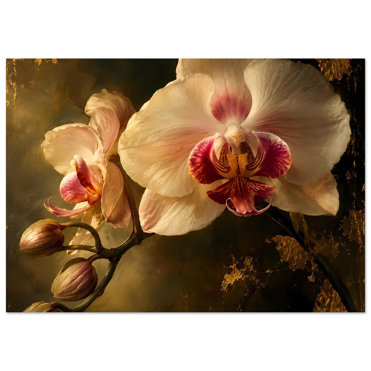Nahes Orchideenposter: cremefarbene Blüten mit rosaroten Zentren und goldenen Partikeln