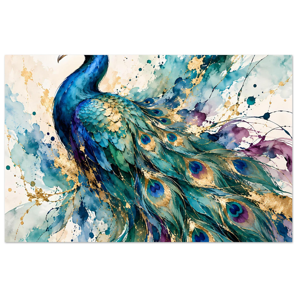 Aquarell-Pfau-Poster (Querformat) mit blauem Kopf und bunten Schwanzfedern