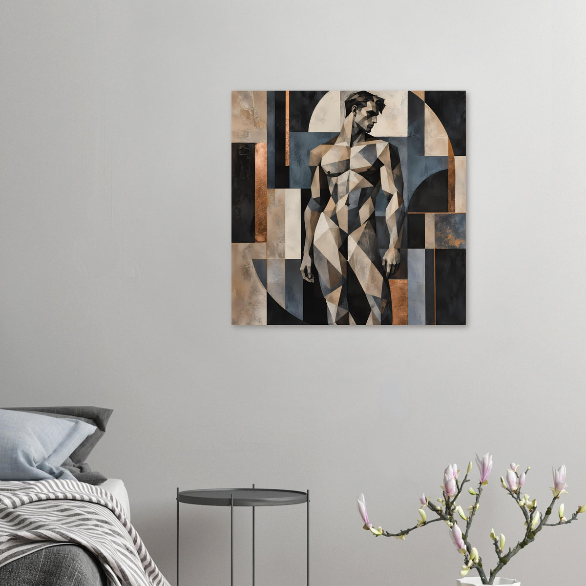 Kleines Kunstposter mit geometrischer Aktfigur, abstrakte Patchwork-Formen in warmen Erdtönen.