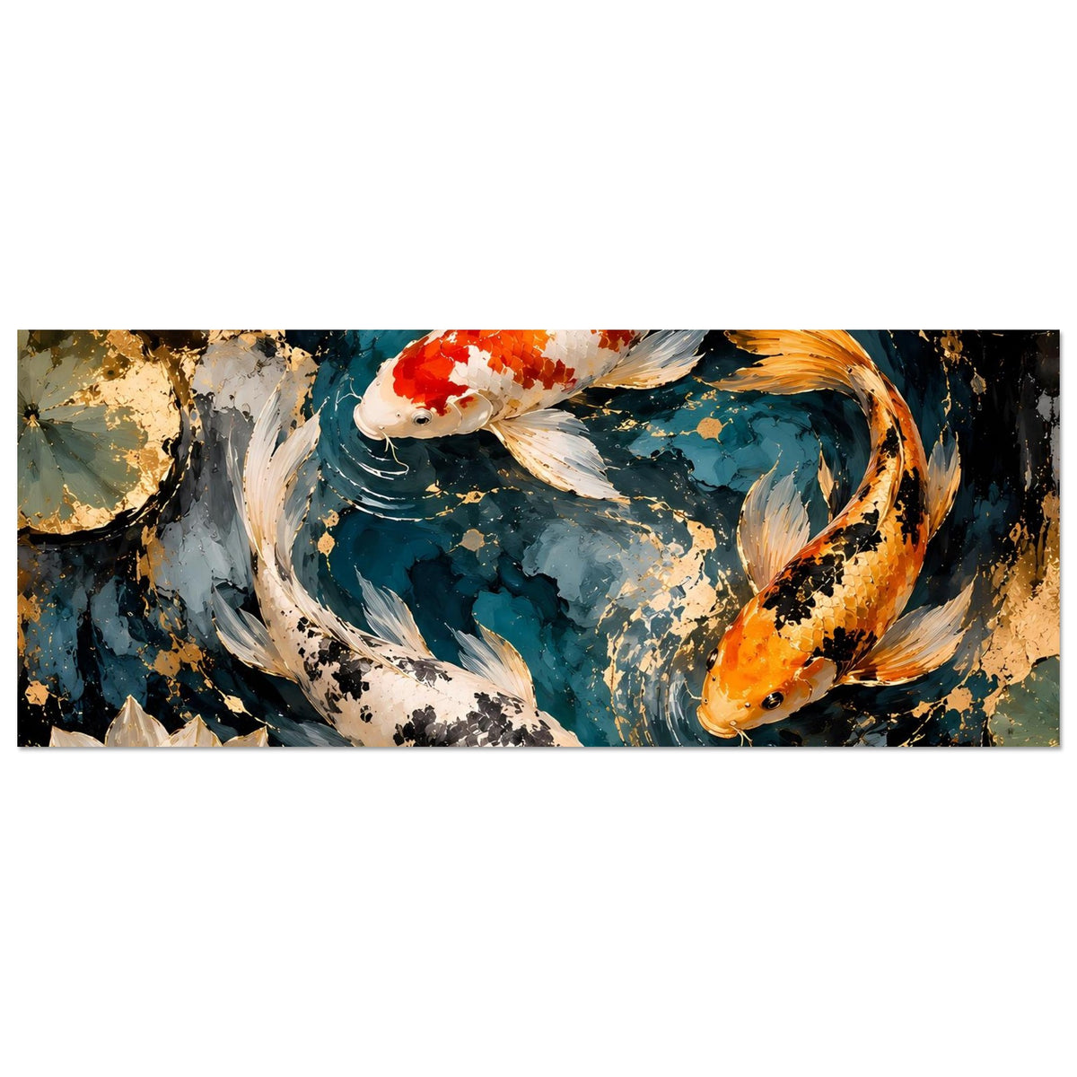 Koi-Pond-Kunstposter im Querformat, fokussiert auf goldenen Koi und blaues Wasser